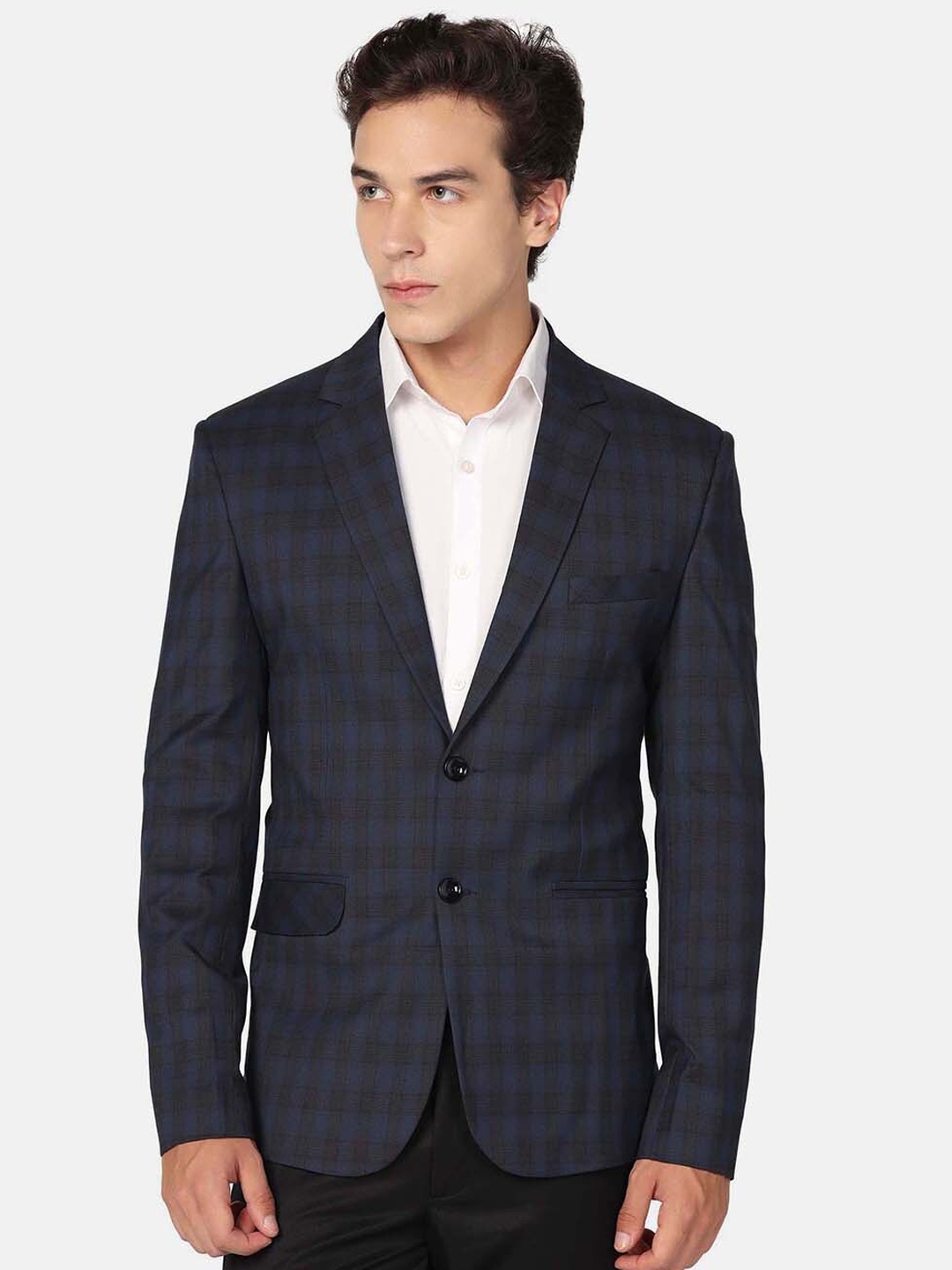 

TAHVO Checked Slim-Fit Single Breasted Formal Blazer, Blue