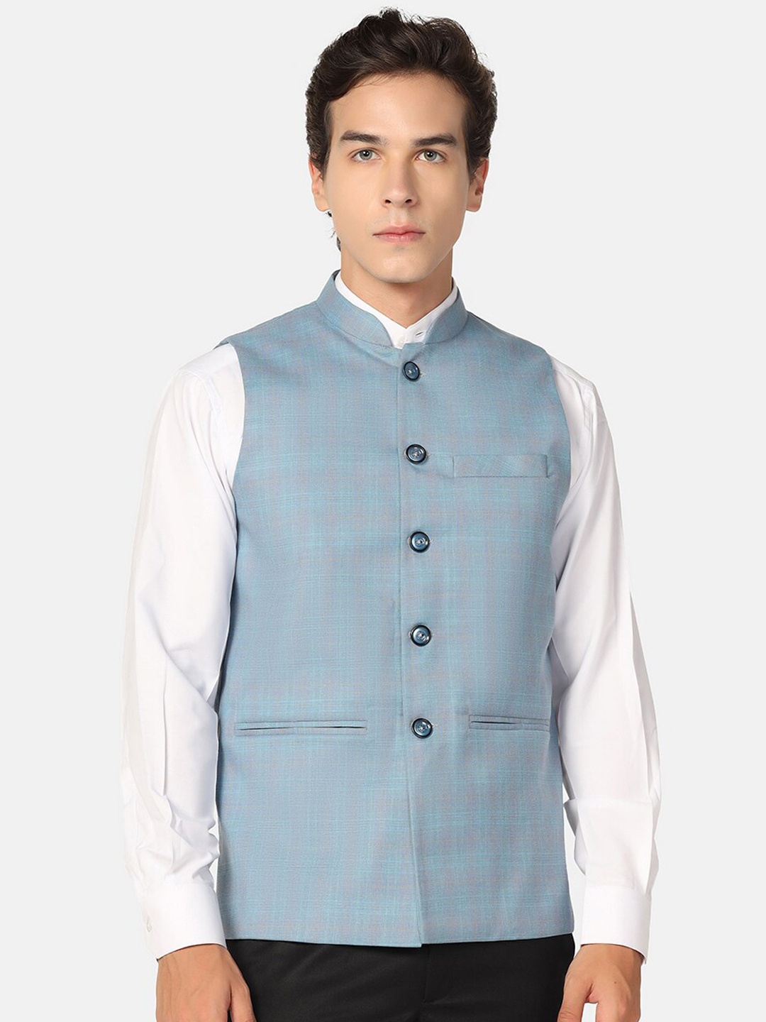 

TAHVO Checked Mandarin Collar Nehru Jackets, Blue
