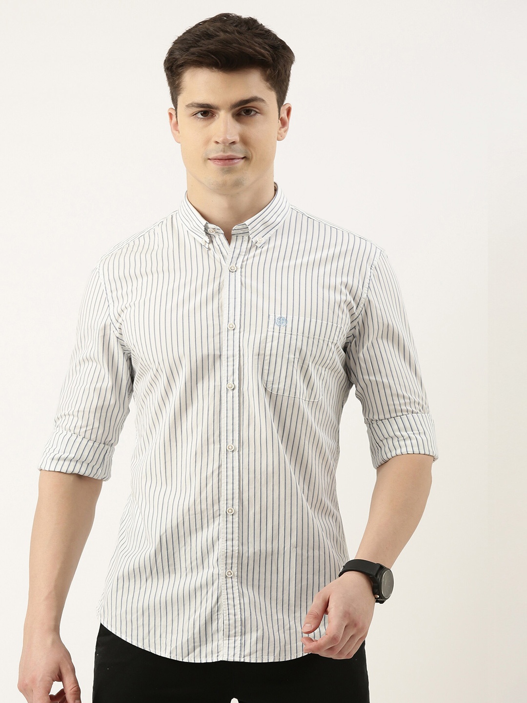 

PETER ENGLAND UNIVERSITY Vertical Striped Button Down Collar Slim Fit Cotton Casual Shirt, Cream