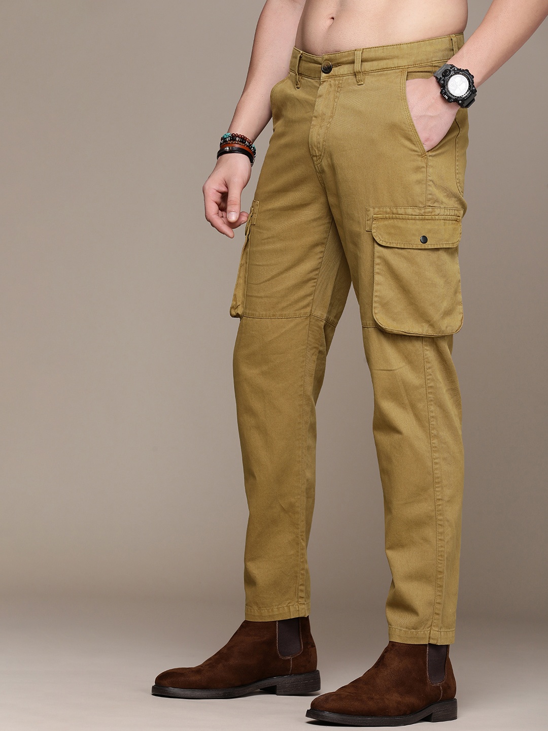 

Roadster Men Cotton Mid-Rise Cargo Trousers, Olive