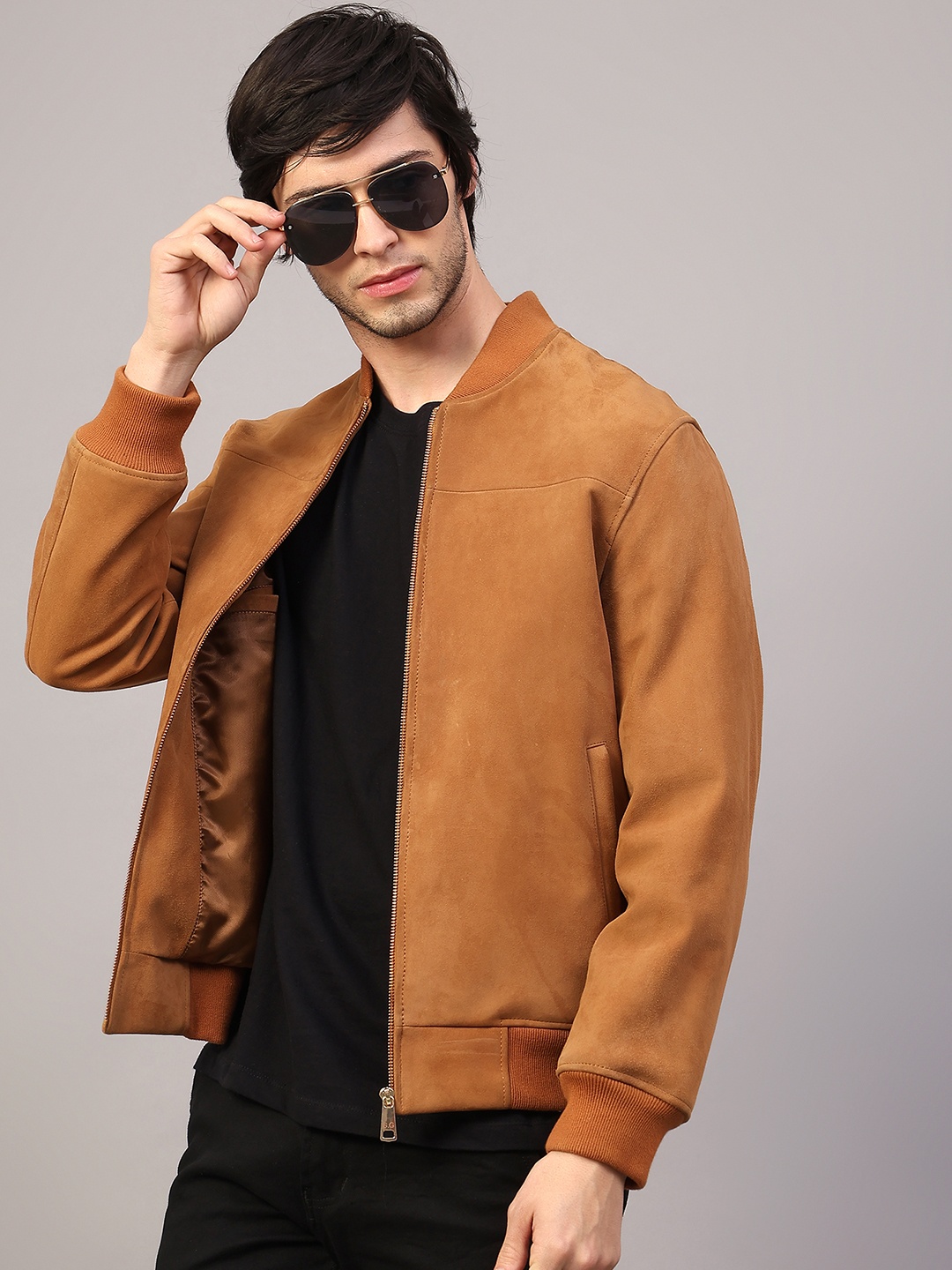 

Saint G Mandarin Collar Water Resistant Leather Bomber Jacket, Tan