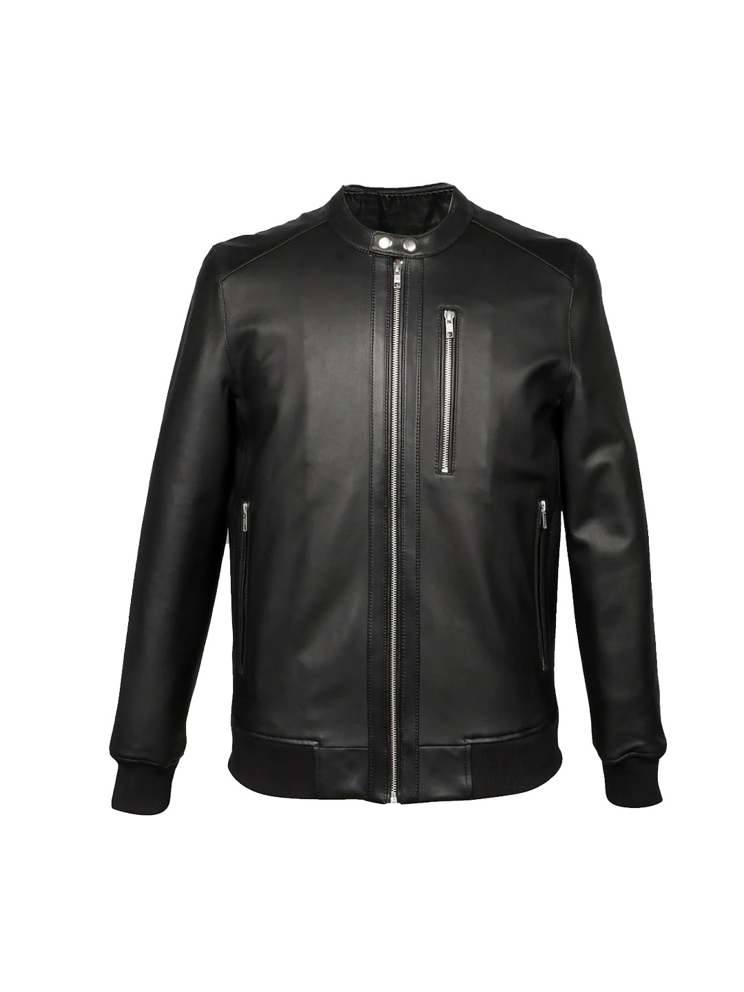

Saint G Mandarin Collar Water Resistant Leather Bomber Jacket, Black