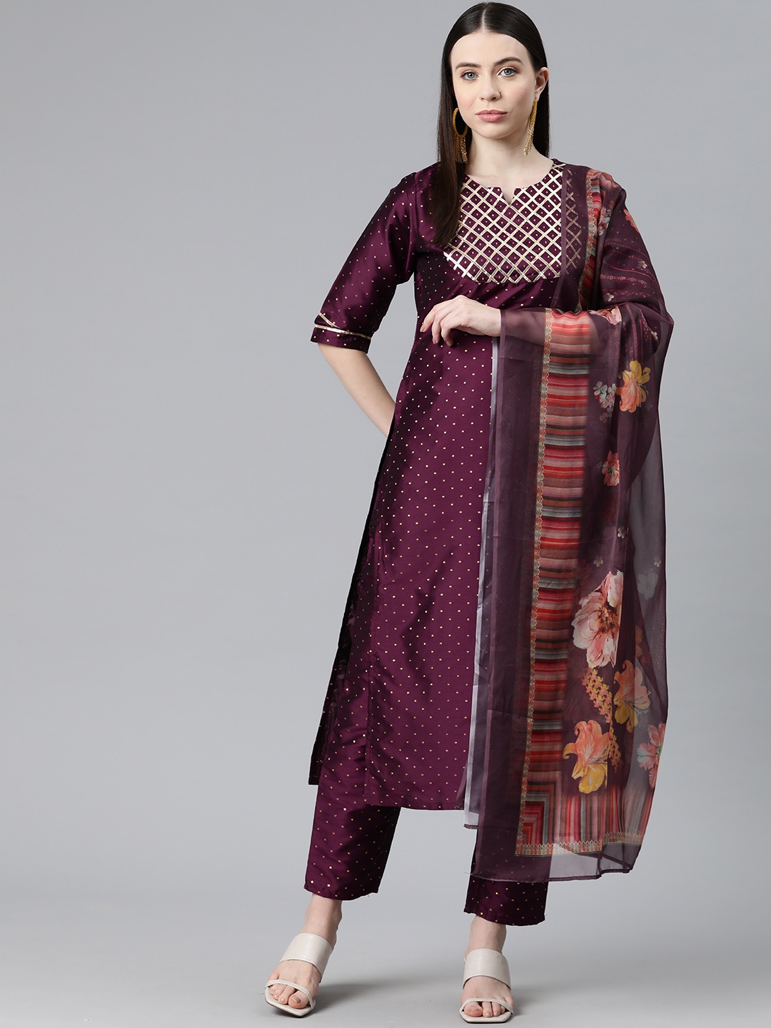 

V TRADITION Ethnic Motifs Regular Gotta Patti Kurta with Trousers & Dupatta, Purple