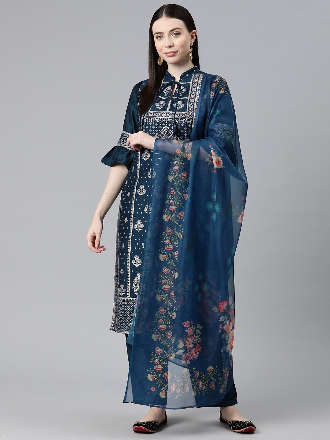 

V TRADITION Ethnic Motifs Printed Regular Kurta with Trousers & Dupatta, Navy blue