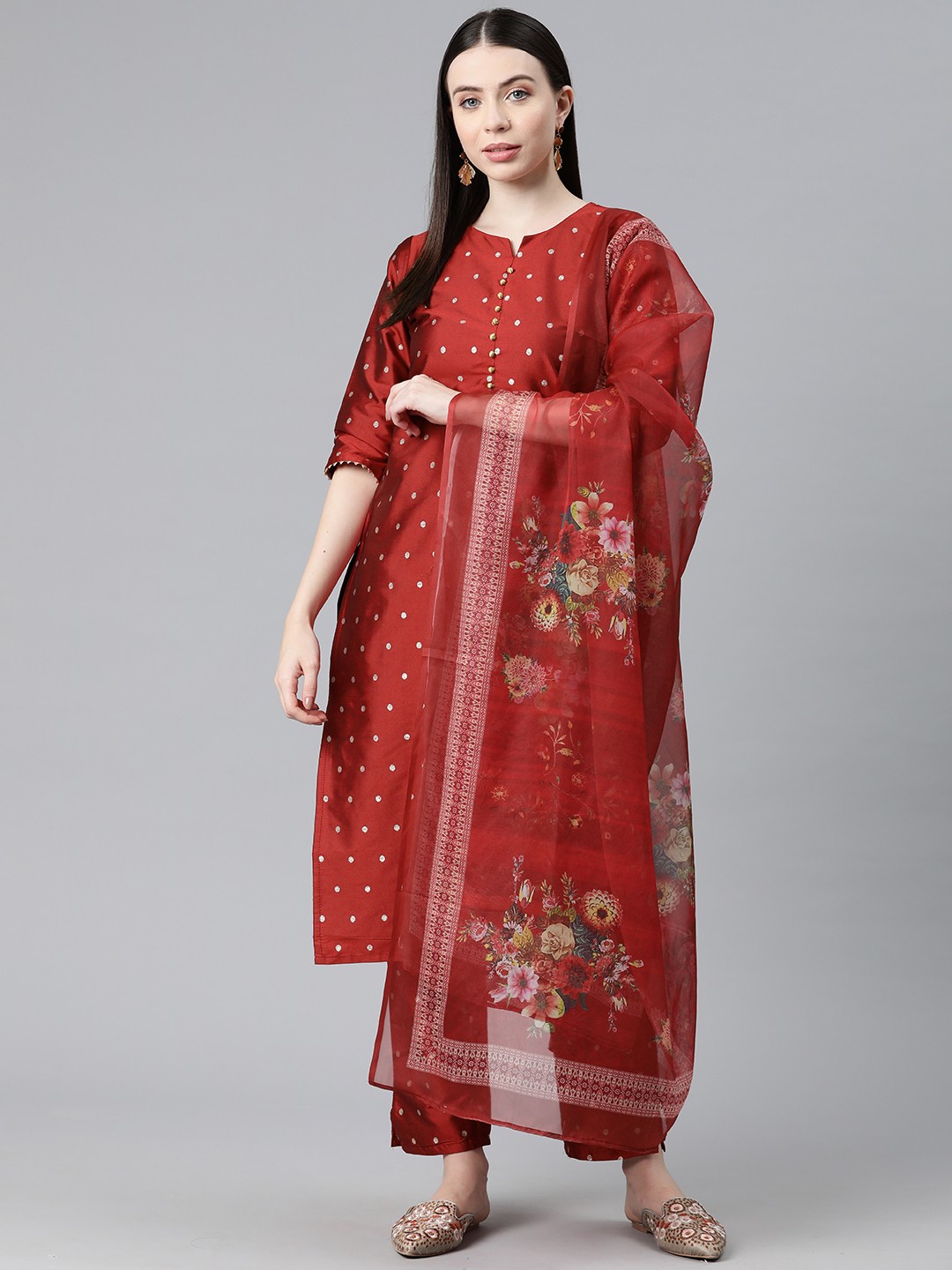 

V TRADITION Printed Regular Kurta with Trousers & With Dupatta, Red