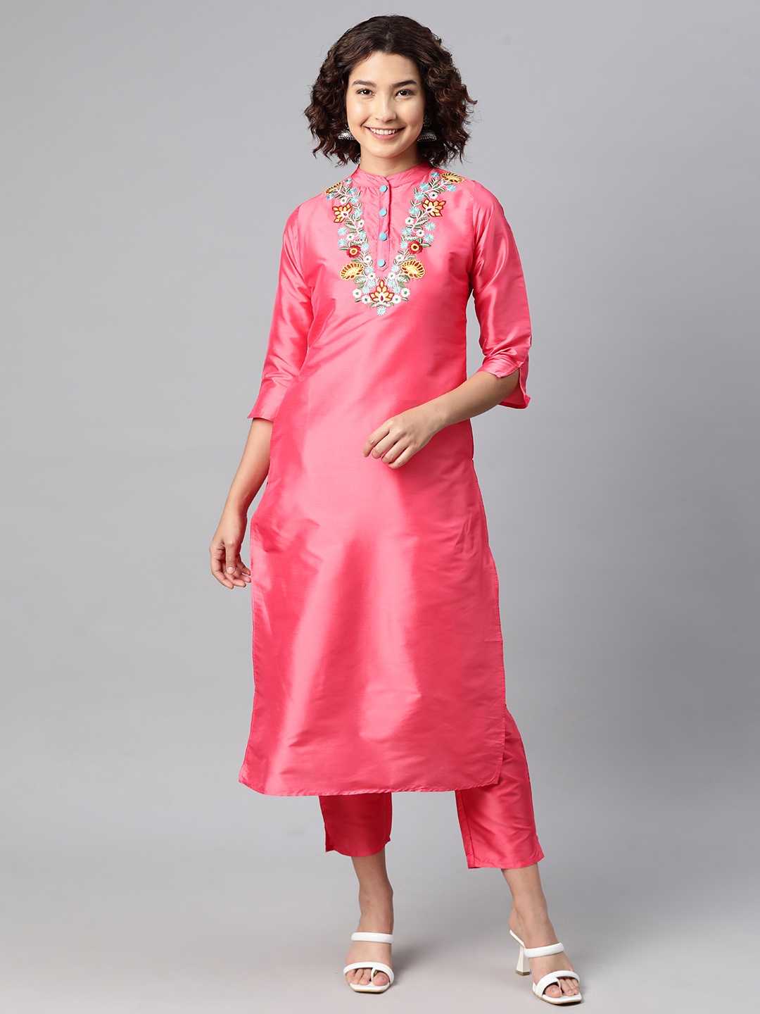 

V TRADITION Women Floral Yoke Design Regular Thread Work Kurta with Trousers, Pink
