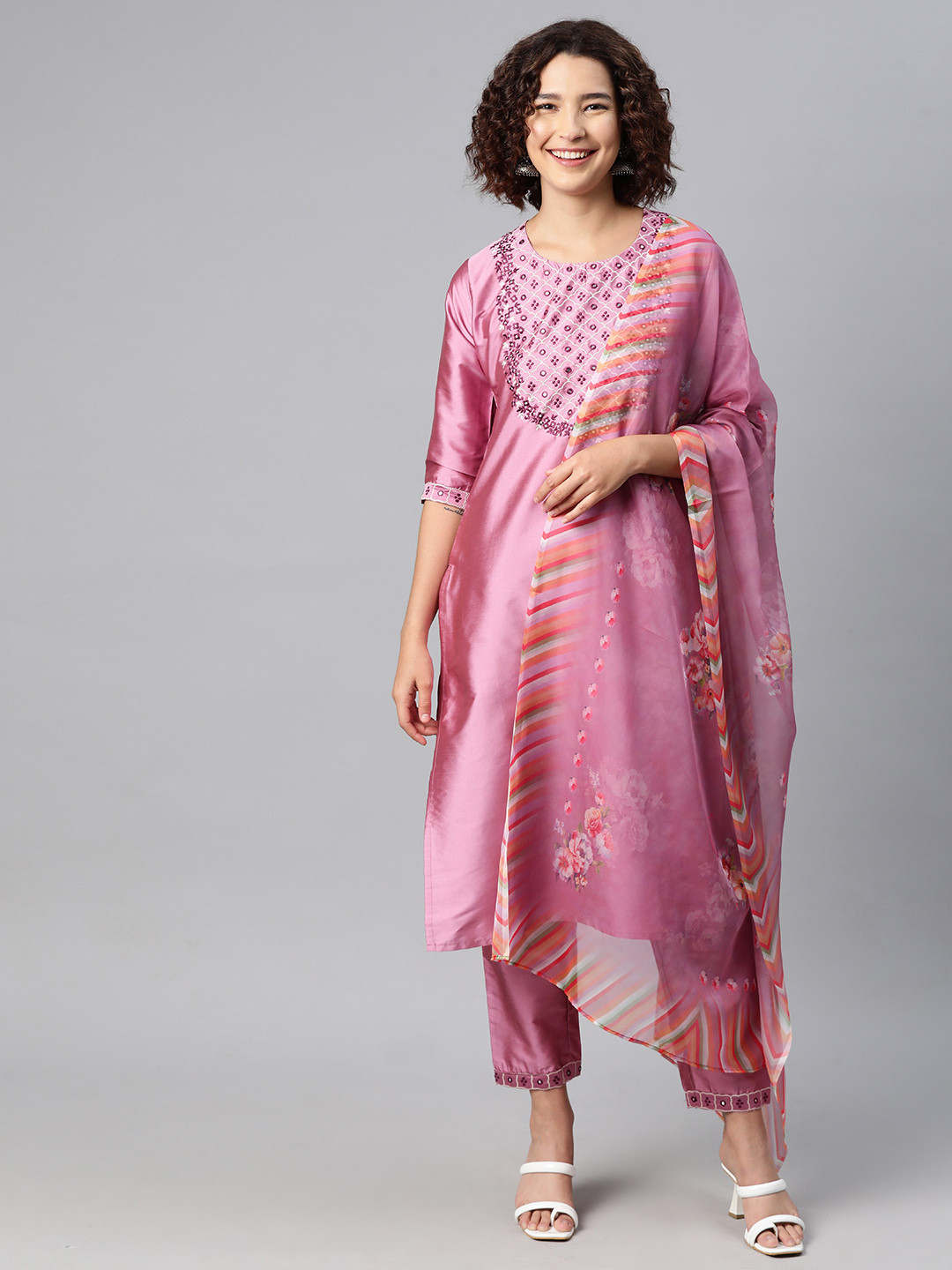 

V TRADITION Women Floral Yoke Design Regular Mirror Work Kurta with Trousers & Dupatta, Purple