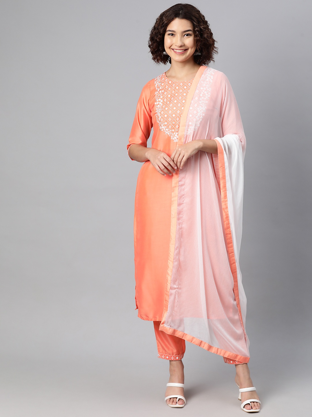 

V TRADITION Women Floral Yoke Design Regular Mirror Work Kurta with Trousers & Dupatta, Orange