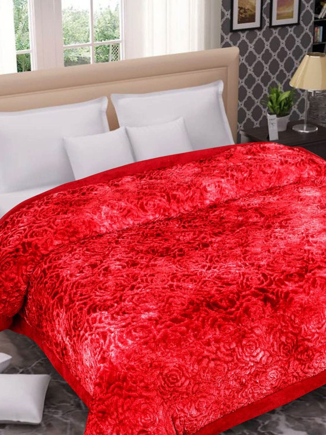 

Nivasam Red Heavy Winter Floral Microfiber 210 GSM Double Bed Quilt