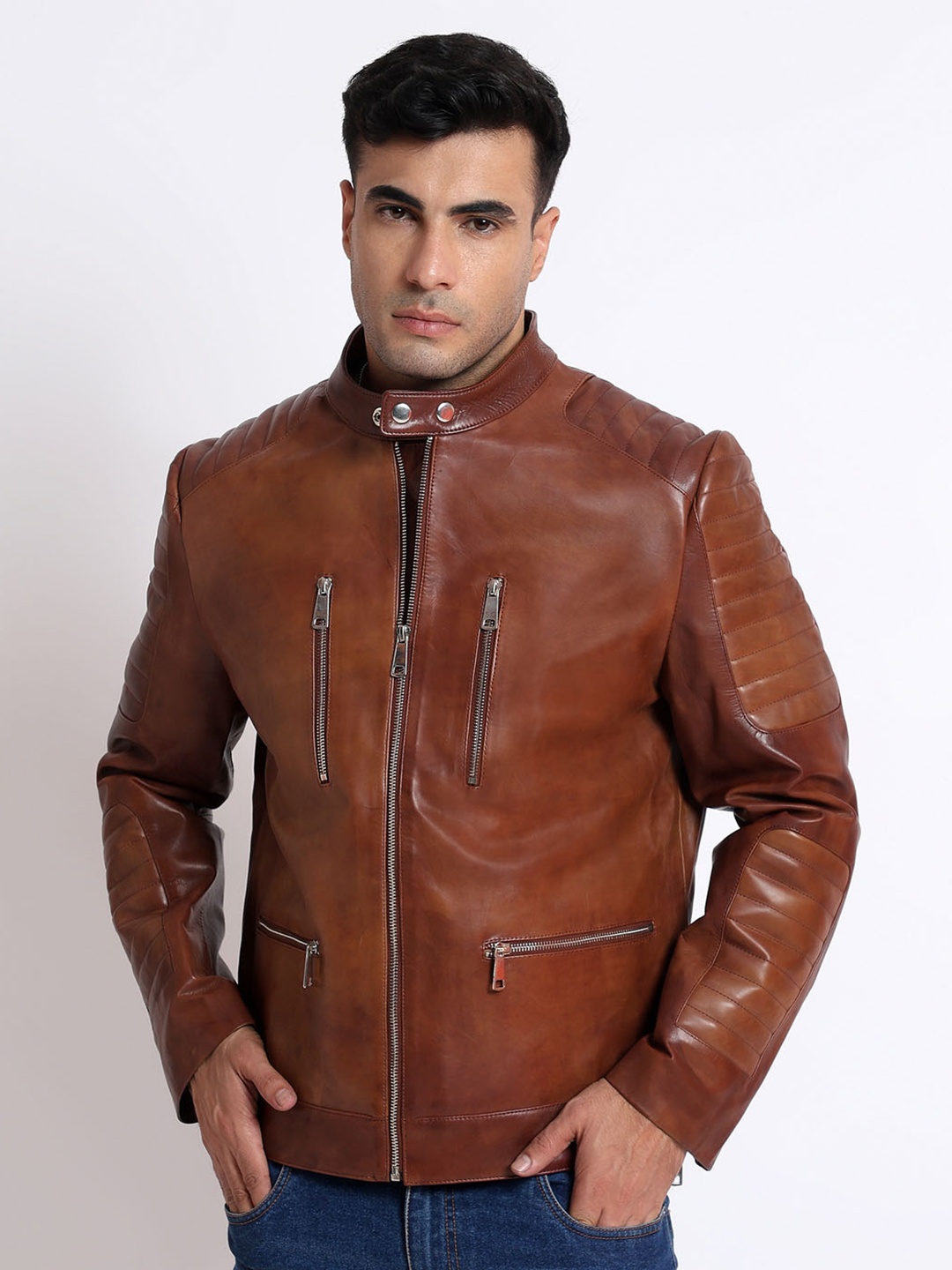 

Saint G Stand Collar Water Resistant Leather Biker Jacket, Burgundy