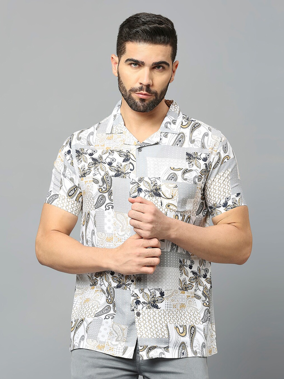 

MOD ECRU Ethnic Motifs Printed Spread Collar Casual Shirt, Grey