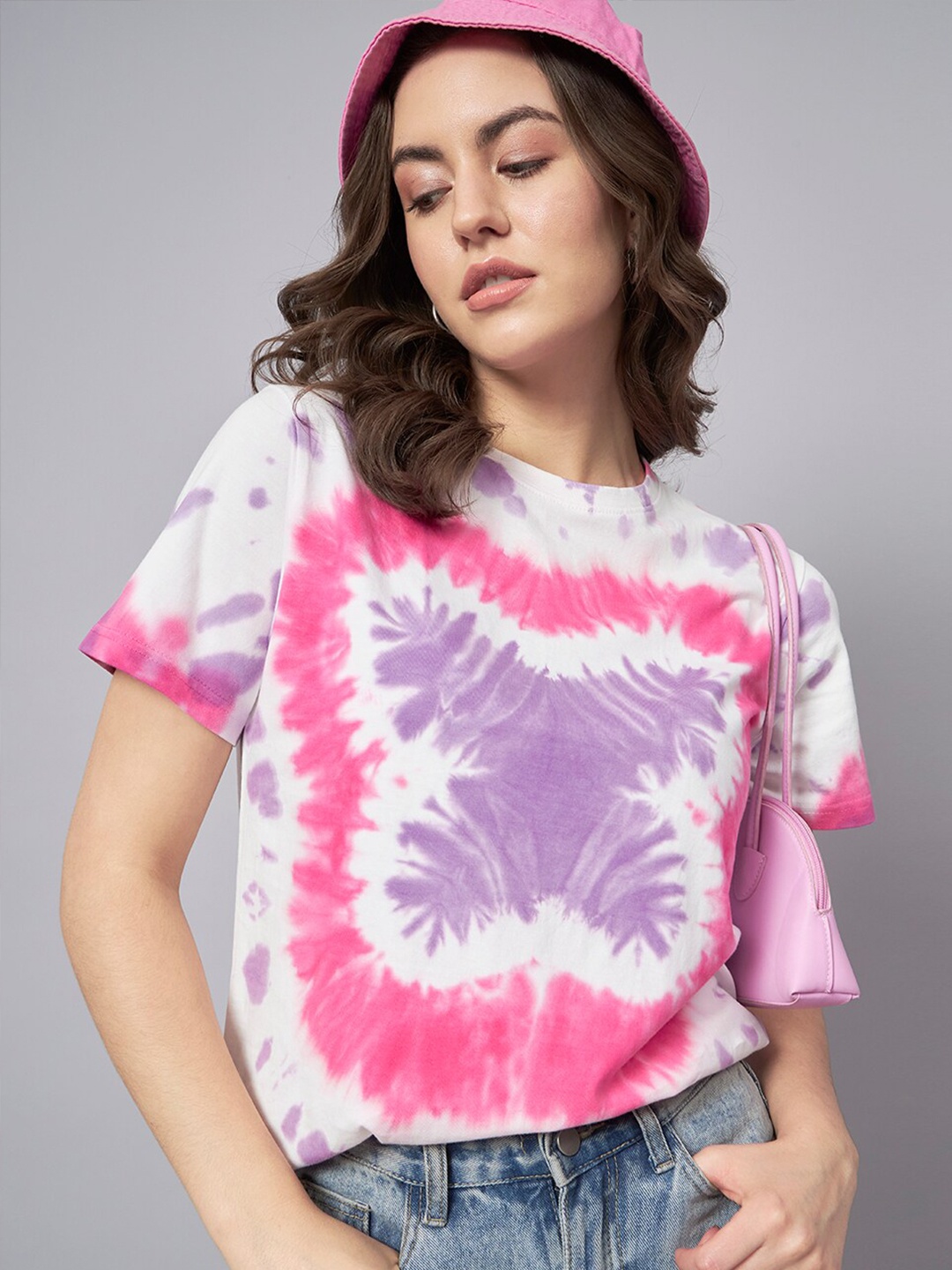 

BEYOUND SIZE - THE DRY STATE Tie and Dye Printed Round Neck Pure Cotton T-shirt, Pink