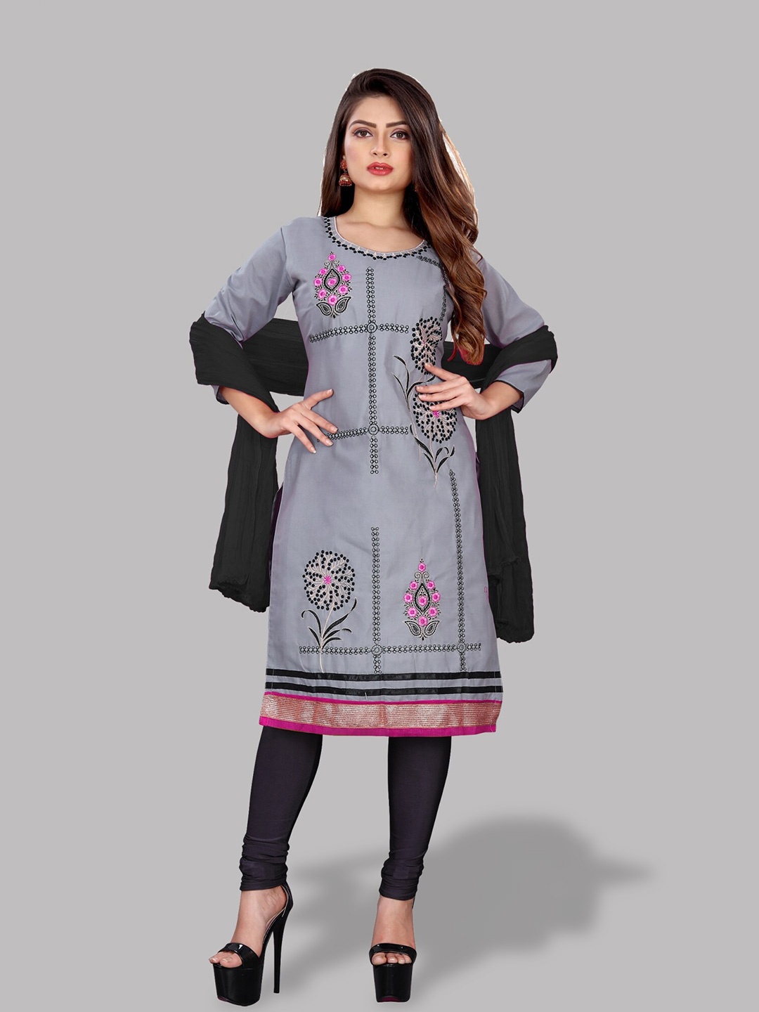 

APNISHA Floral Embroidered Unstitched Dress Material, Grey