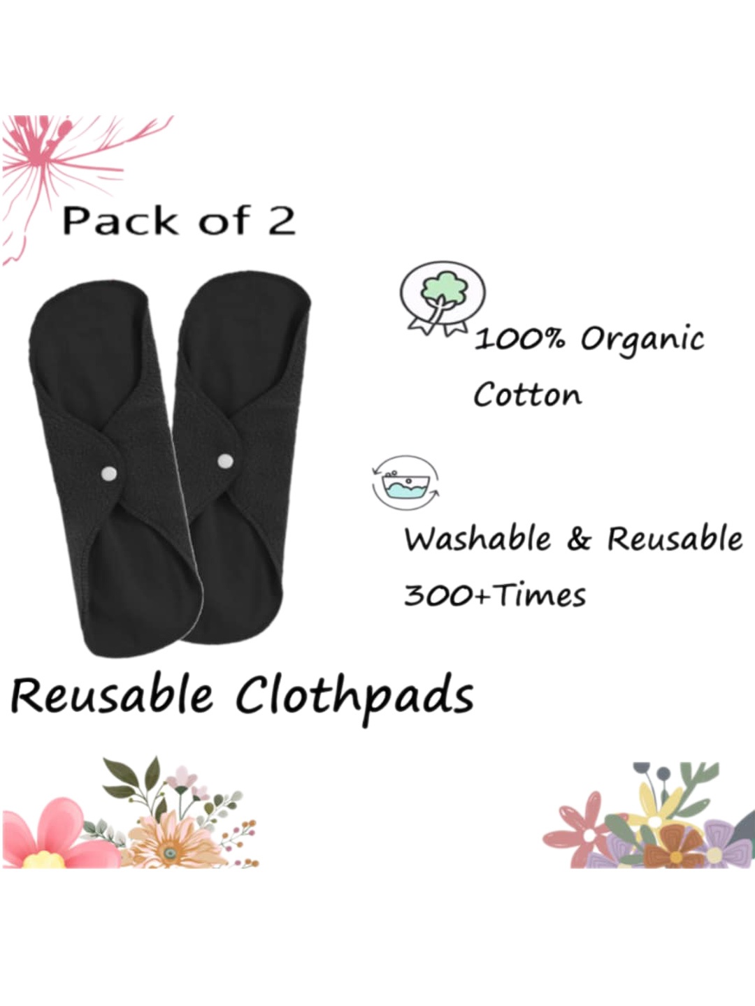 

CareDone 2-Pcs Organic Cotton Ultra Thin 4-Layered XL Rash Free Reusable Sanitary Pads, Black