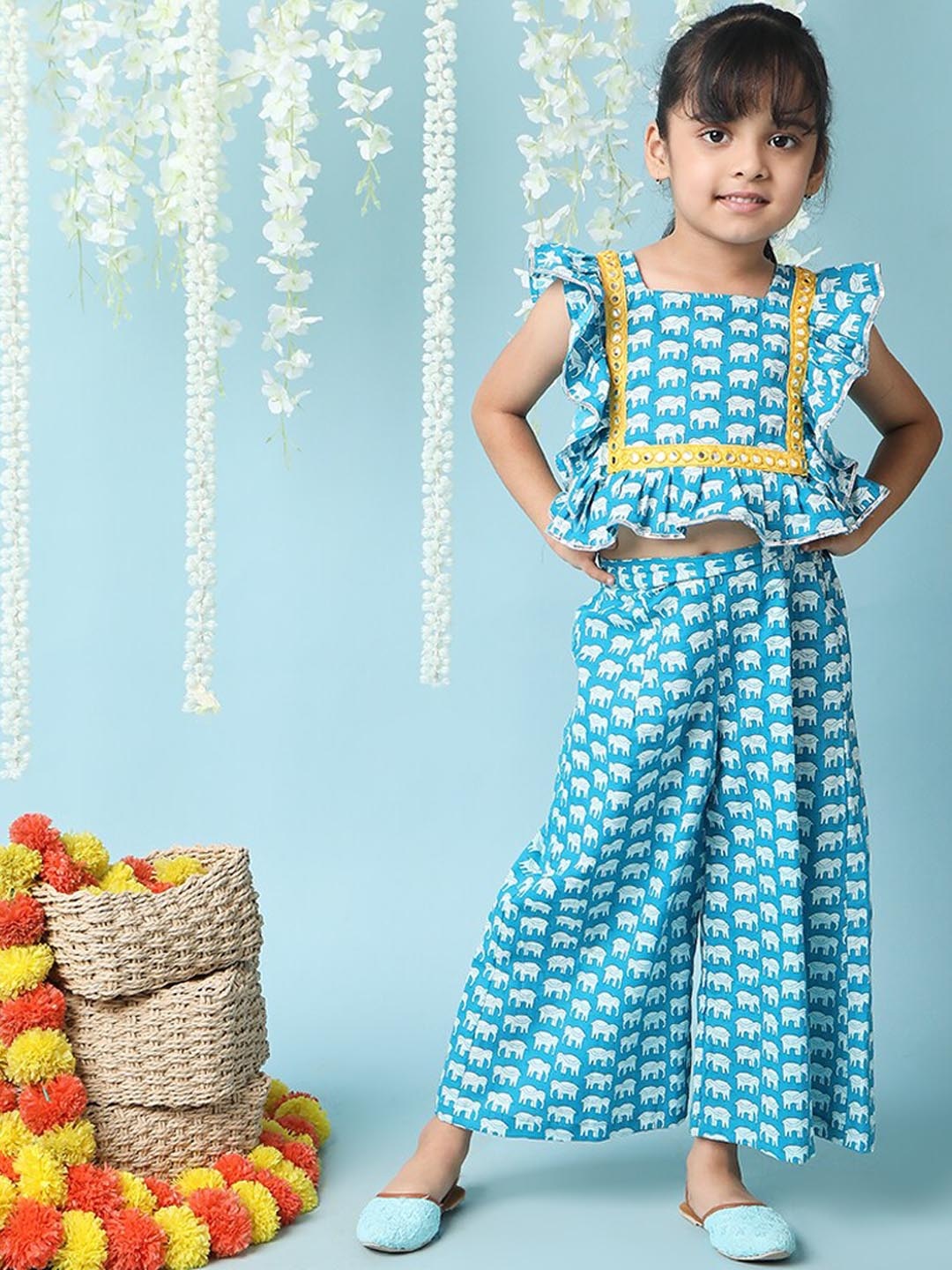 

KID1 Elephant Print Pure Cotton Top With Palazzos, Blue