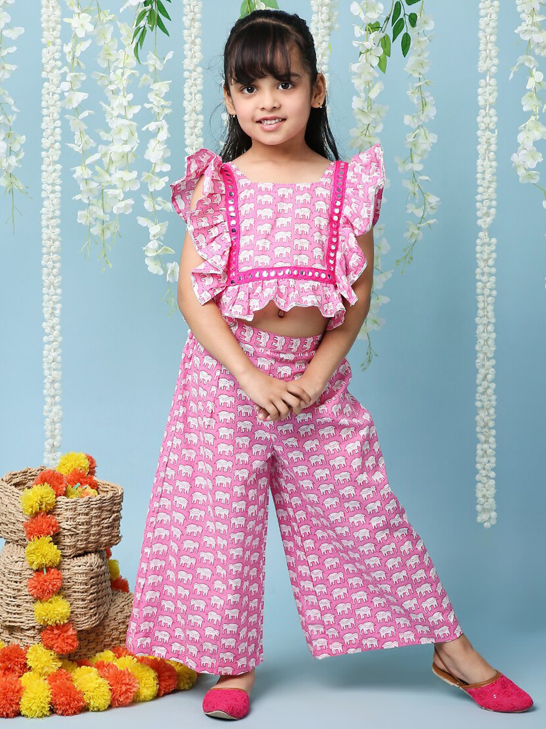 

KID1 Elephant Print Pure Cotton Top With Palazzos, Pink