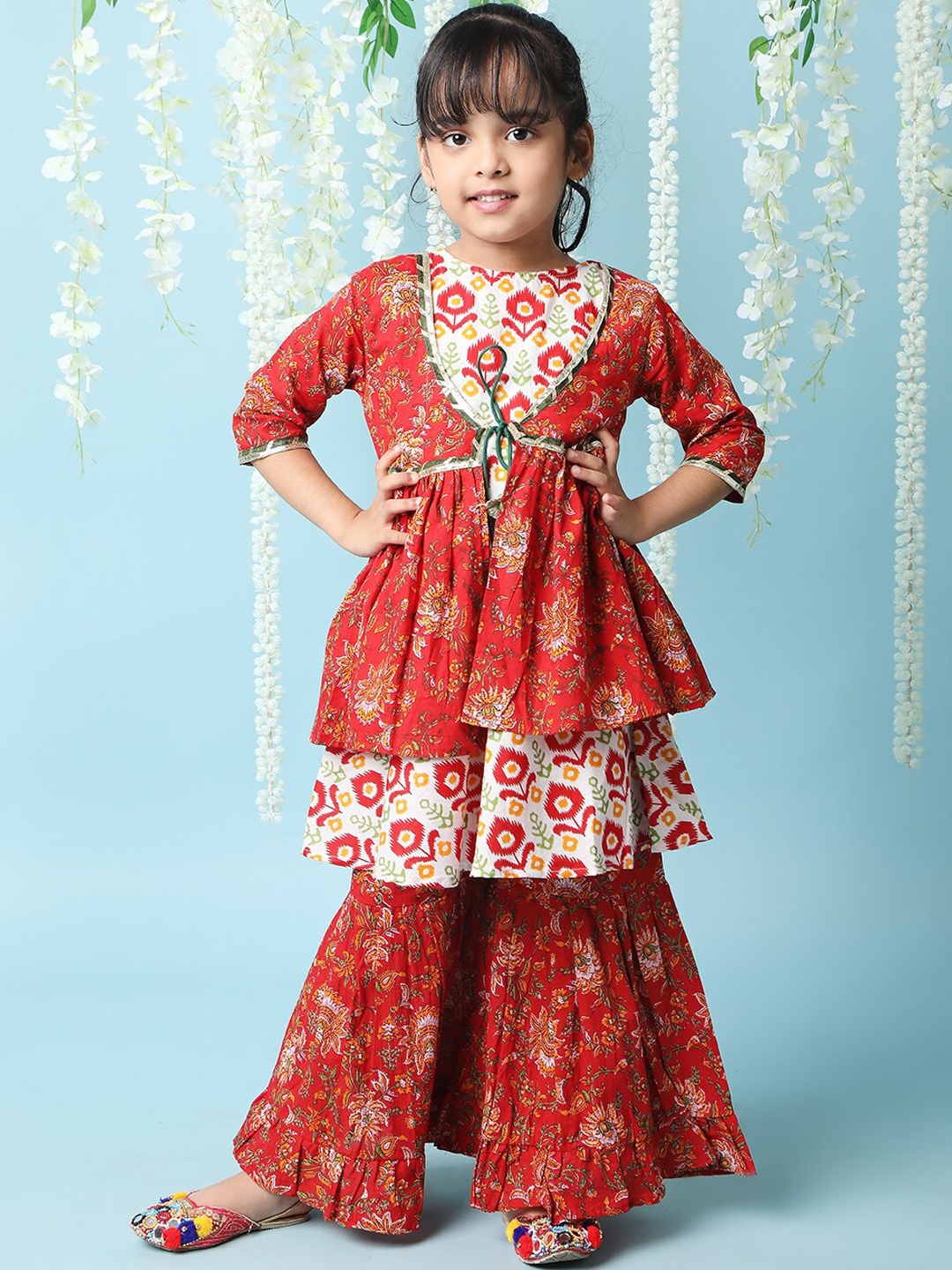 

KID1 Girls Floral Printed Regular Gotta Patti Pure Cotton Kurta With Sharara, Red