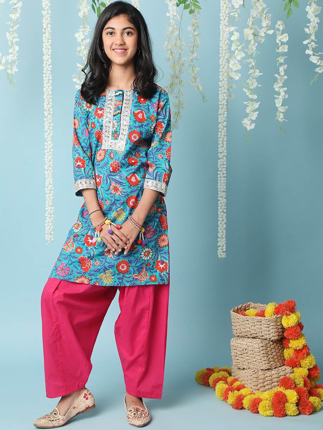 

KID1 Girls Floral Printed Regular Gotta Patti Pure Cotton Kurt With Salwar, Blue