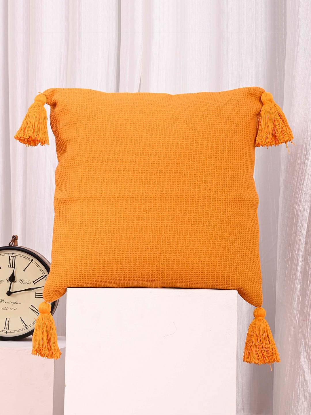 

OUSSUM Orange 5 Pieces Square Cotton Cushion Covers With Tassels