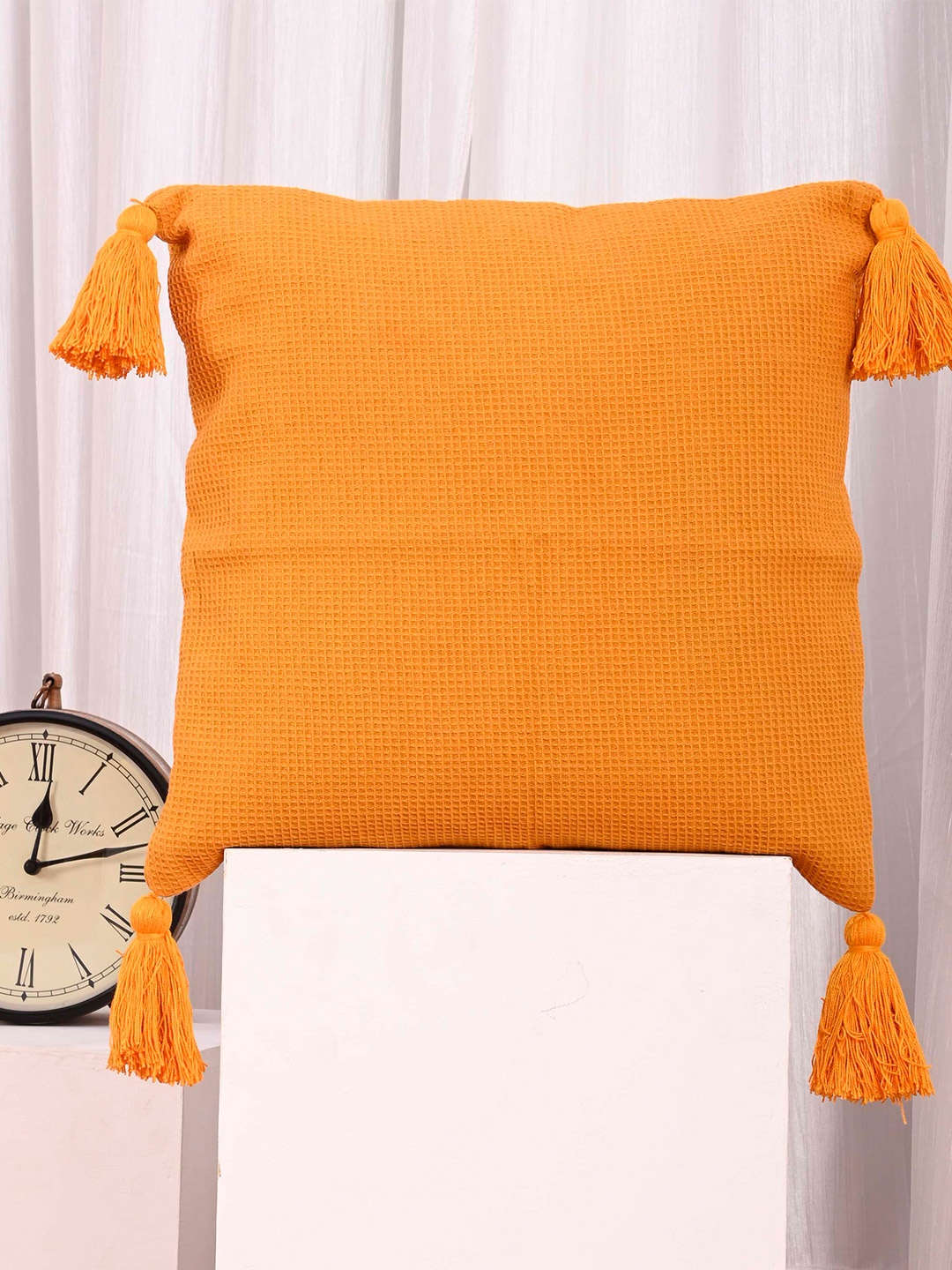 

OUSSUM Orange 5 Pieces Square Cotton Cushion Covers With Tassels