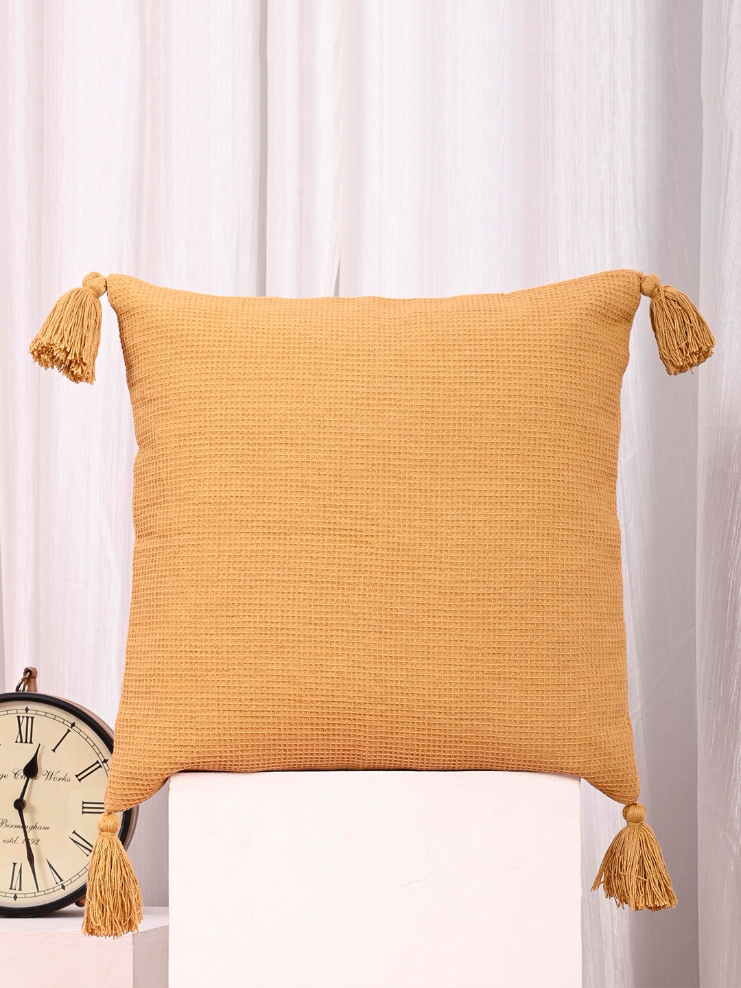 

OUSSUM Yellow 5 Pieces Square Cotton Cushion Covers With Tassels
