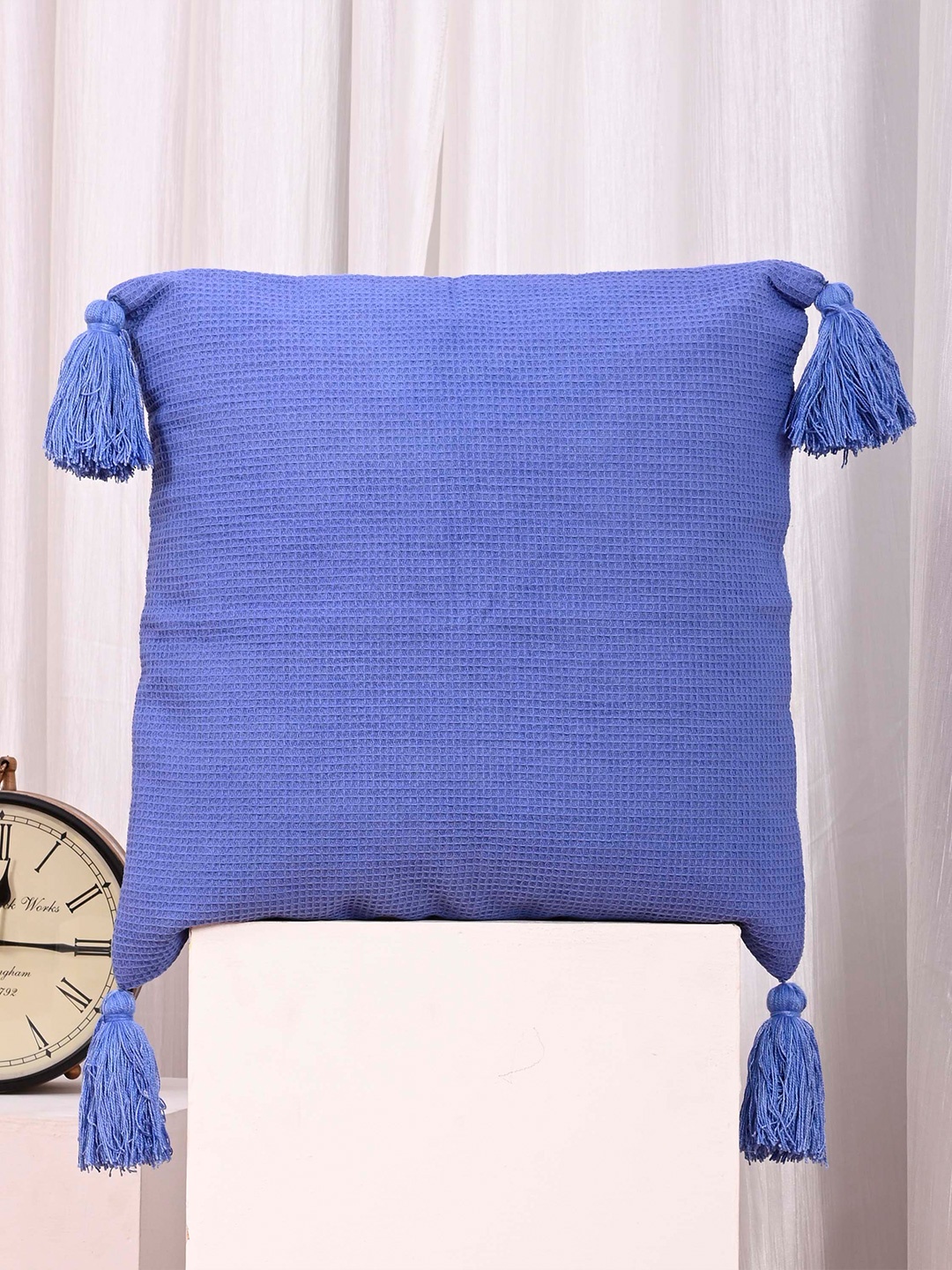 

OUSSUM Blue 5 Pieces Square Cotton Cushion Covers With Tassels