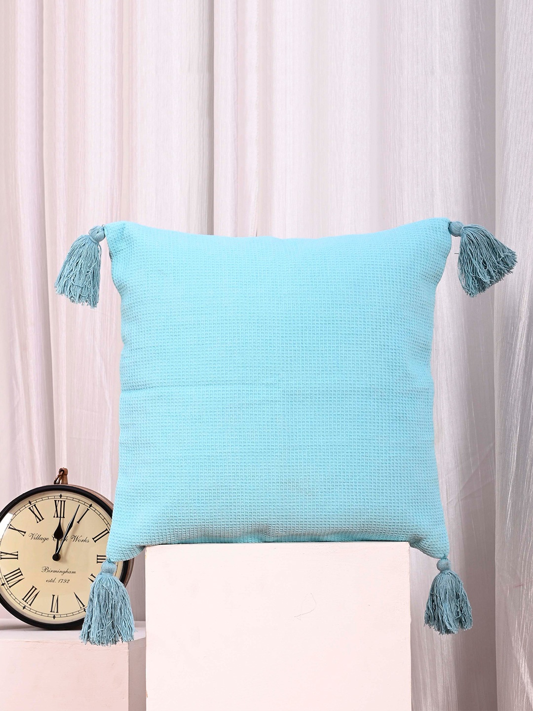 

OUSSUM Blue 5 Pieces Cotton Square Cushion Covers With Tassels
