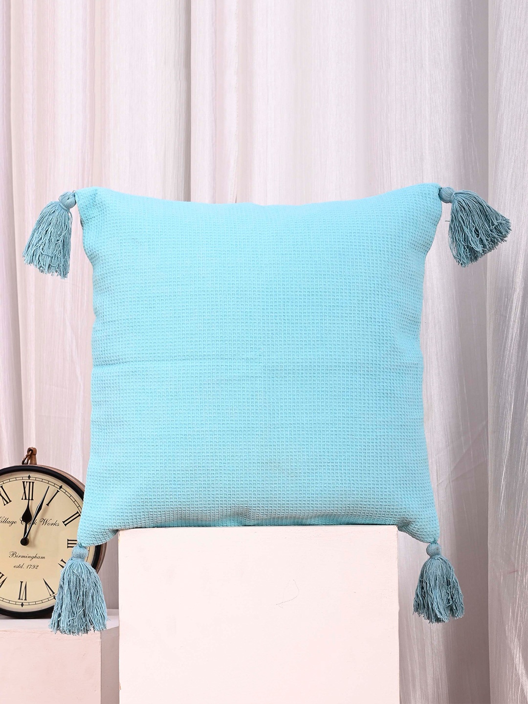 

OUSSUM Blue 5 Pieces Cotton Square Cushion Covers With Tassels