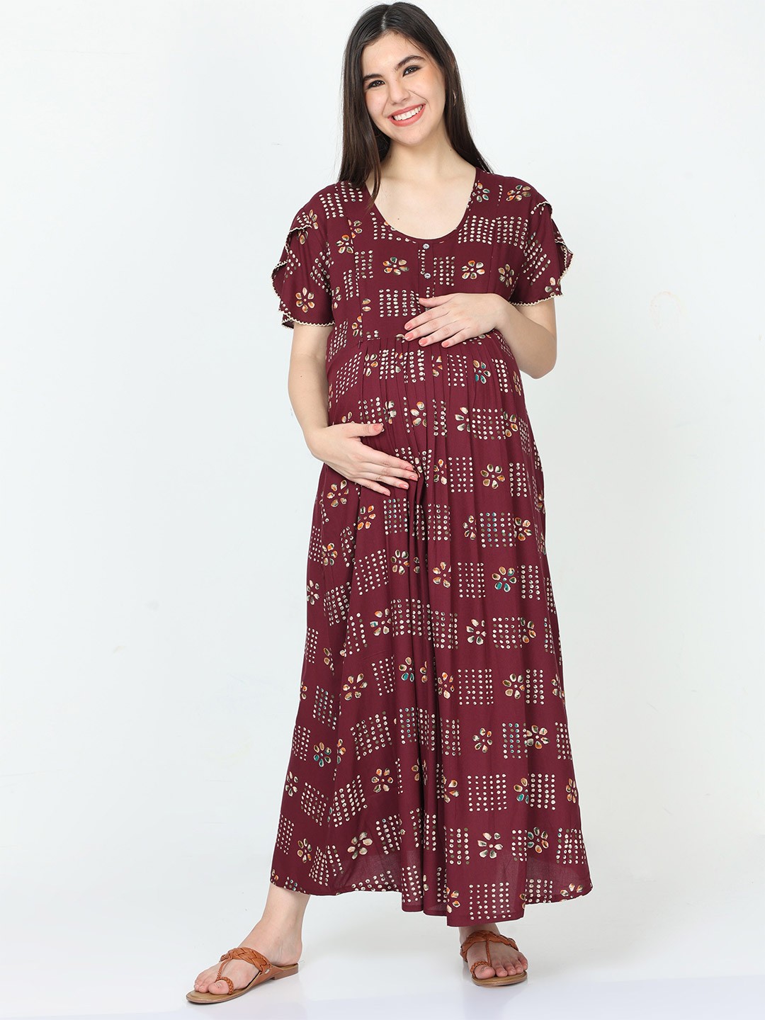 

9shines Label Blue Printed Maternity Maxi Nightdress, Maroon