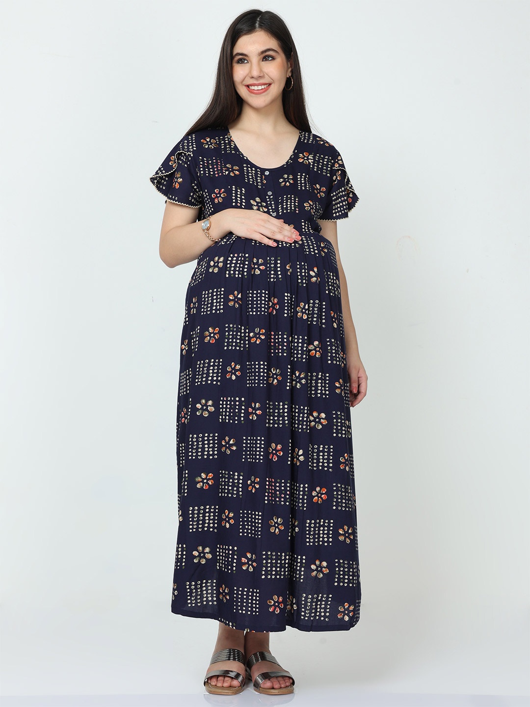 

9shines Label Printed Maxi Maternity Feeding Nightdress, Blue
