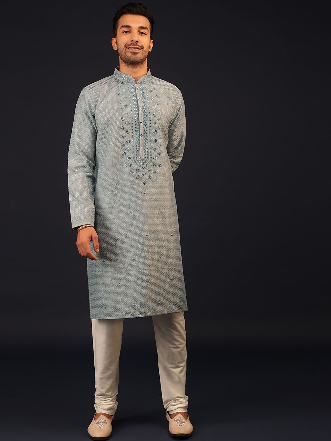 

KALKI Fashion Embroidered Mirror Work Kurta With Churidar, Blue