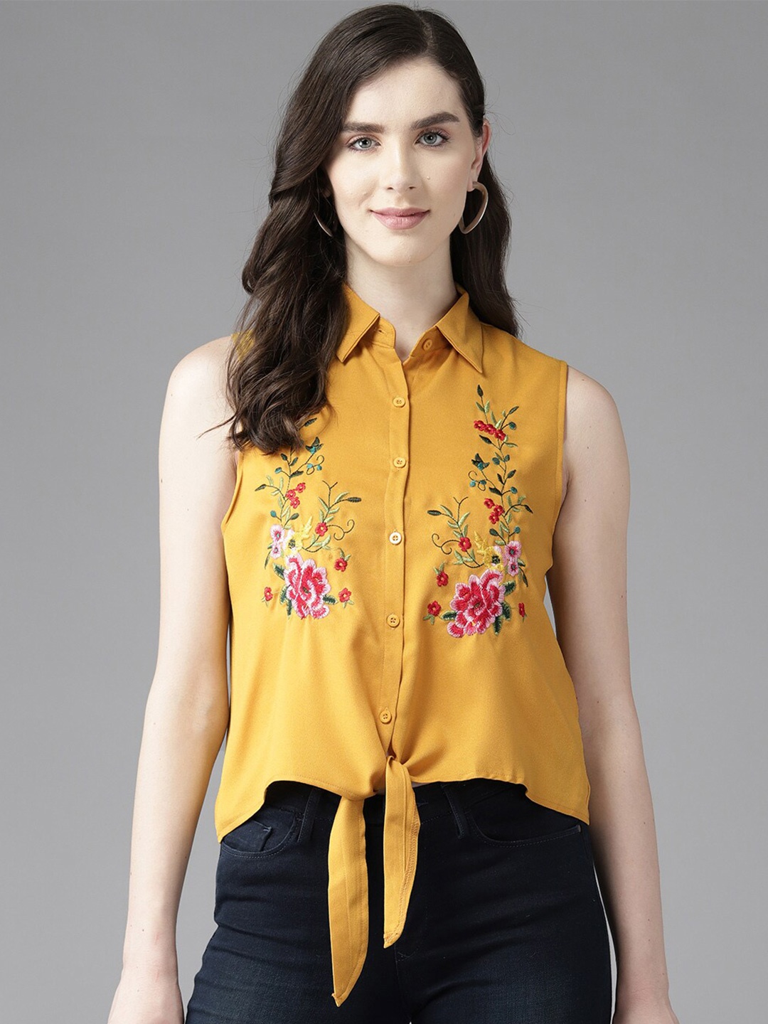 

BAESD Floral Print Tie-Up Detailed Shirt Style Top, Yellow