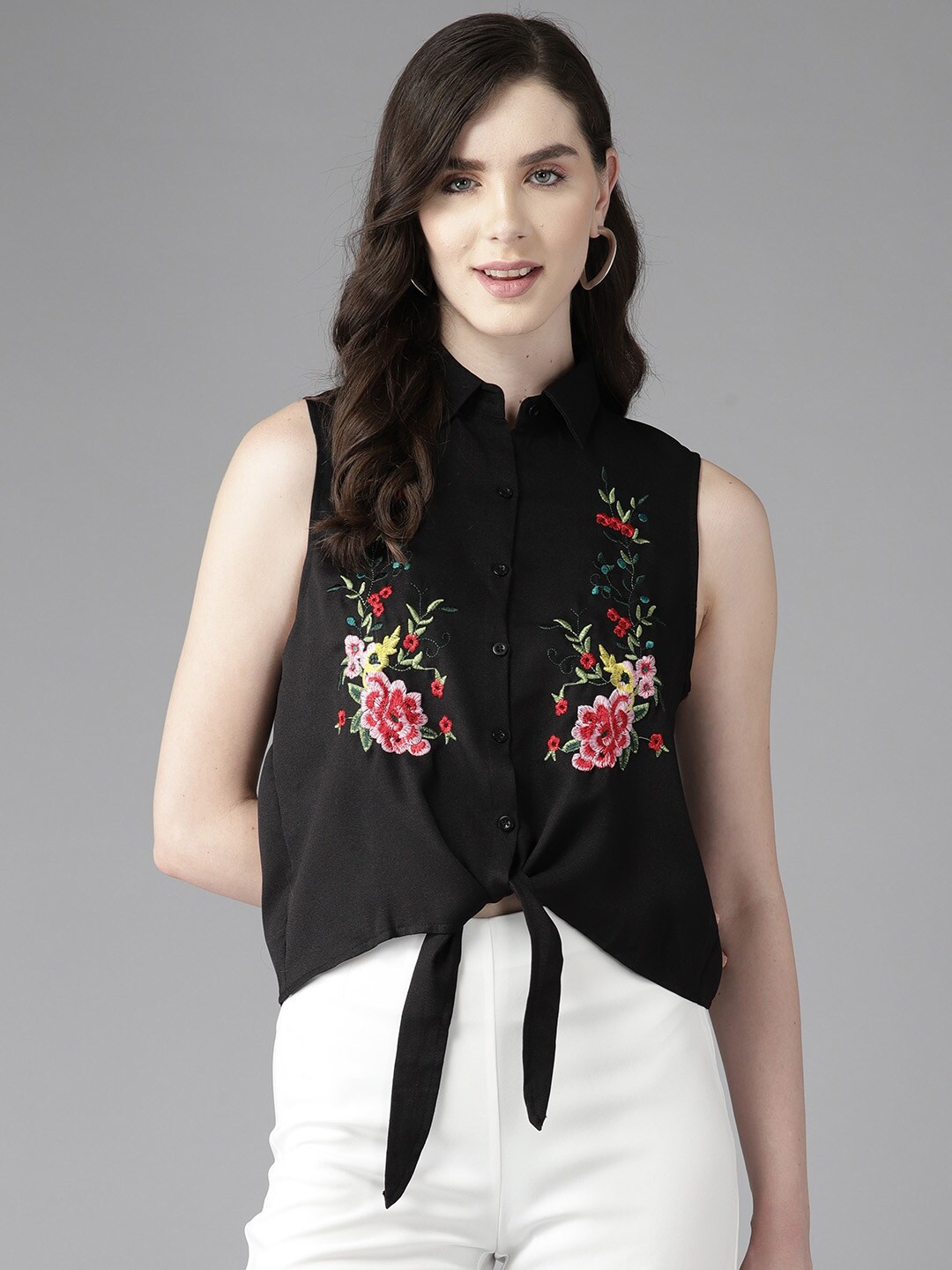 

BAESD Black Floral Embroidered Sleeveless Tie-Up Detail Shirt Style Top