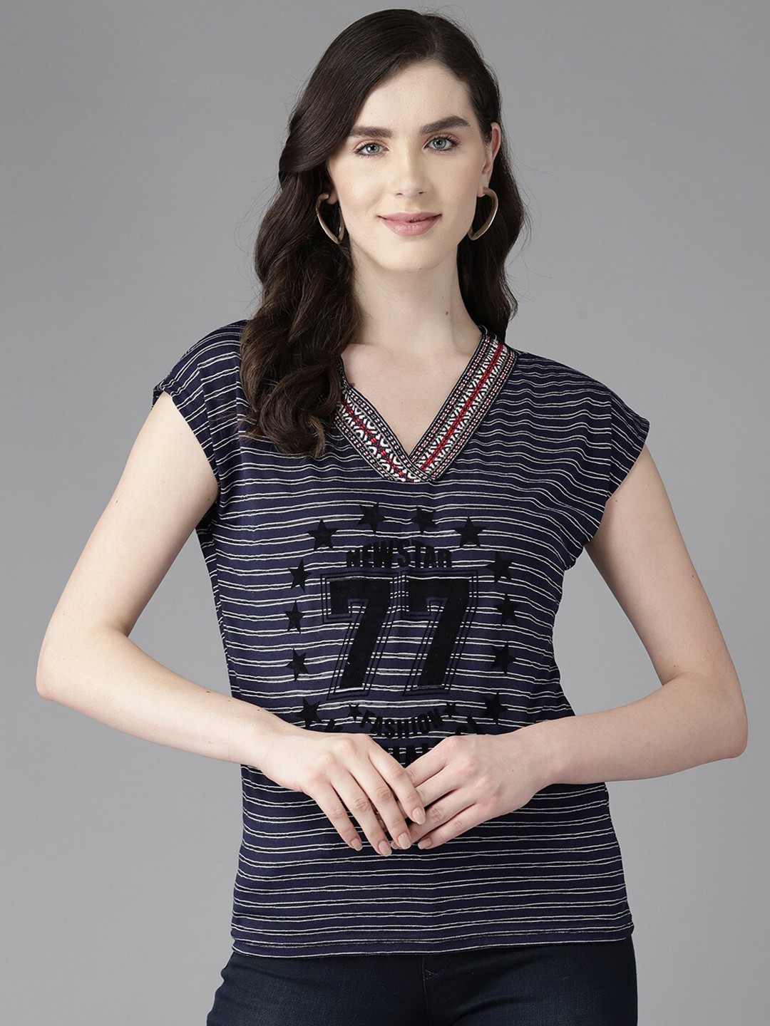 

BAESD Striped Extended Sleeves Top, Navy blue