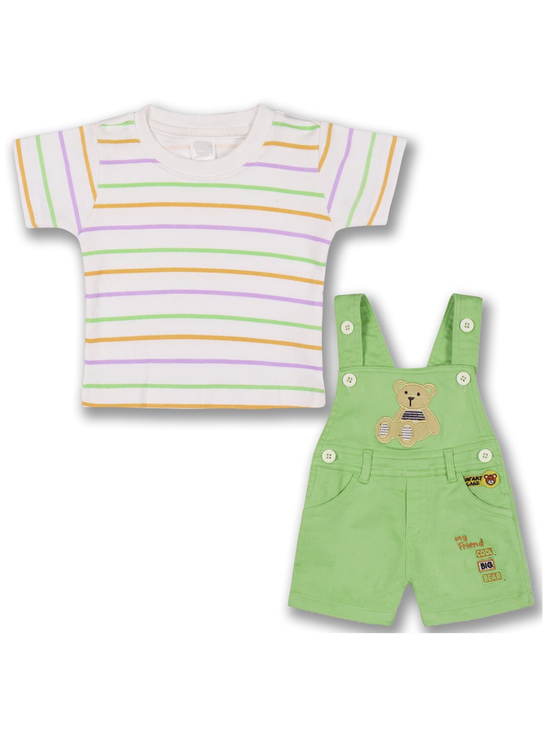 

Wish Karo Boys Striped T-shirt with Dungaree, Green