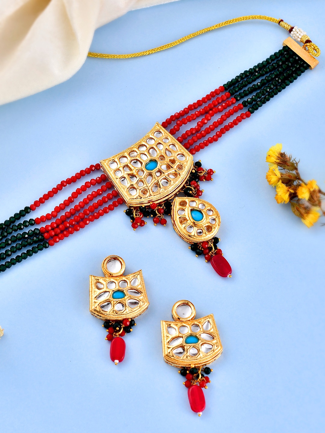 

Silvermerc Designs Gold-Plated Stone-Studded & Beaded Jewellery Set