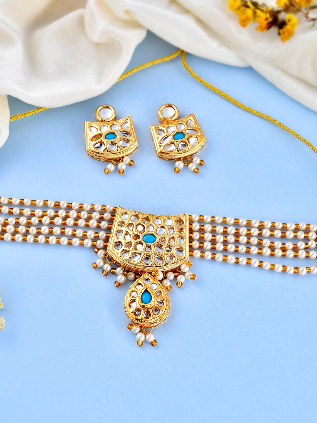 

Silvermerc Designs Gold-Plated Stone Studded & Beaded Jewellery Set