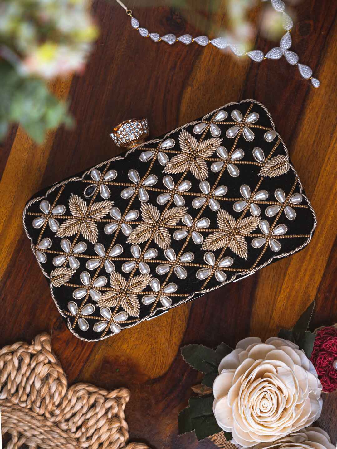 

NR By Nidhi Rathi Embellished Box Clutch, Black