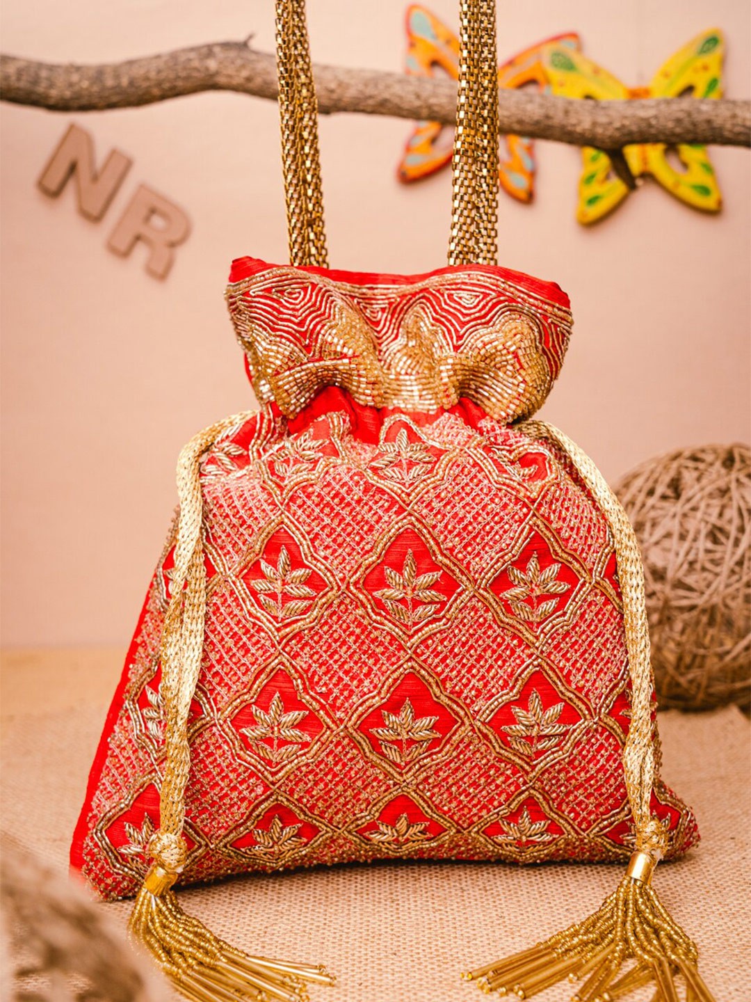 

NR By Nidhi Rathi Embellished Potli Clutch, Red