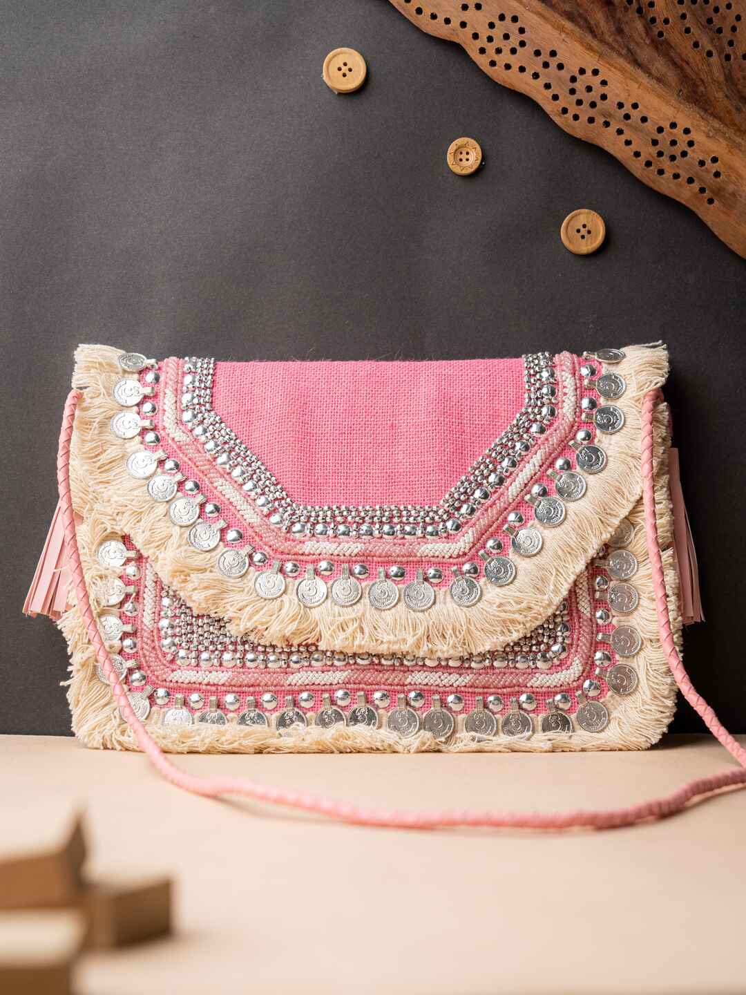 

NR By Nidhi Rathi Embellished Foldover Clutch, Peach