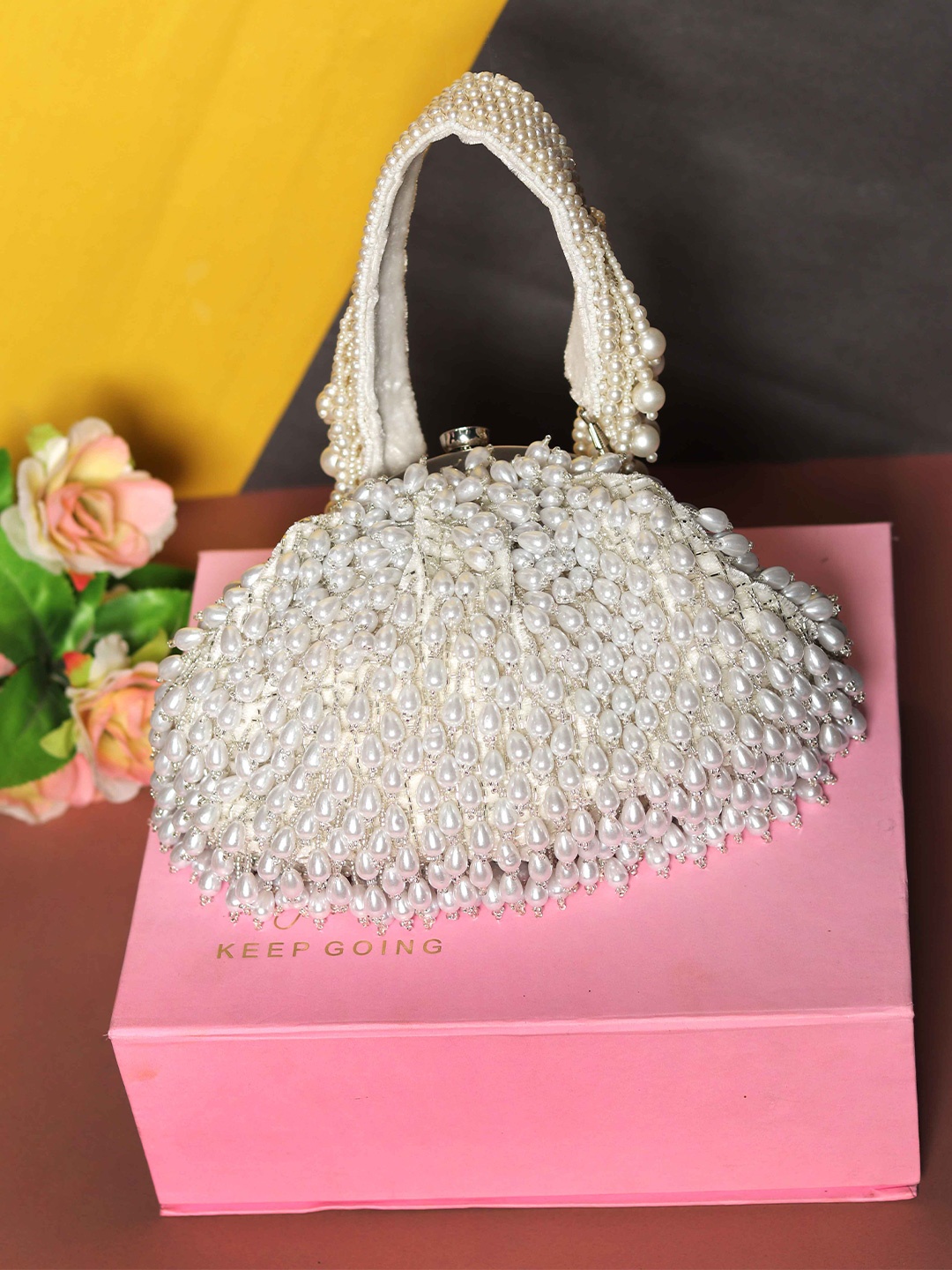 

NR By Nidhi Rathi Embellished Half Moon Clutch, White