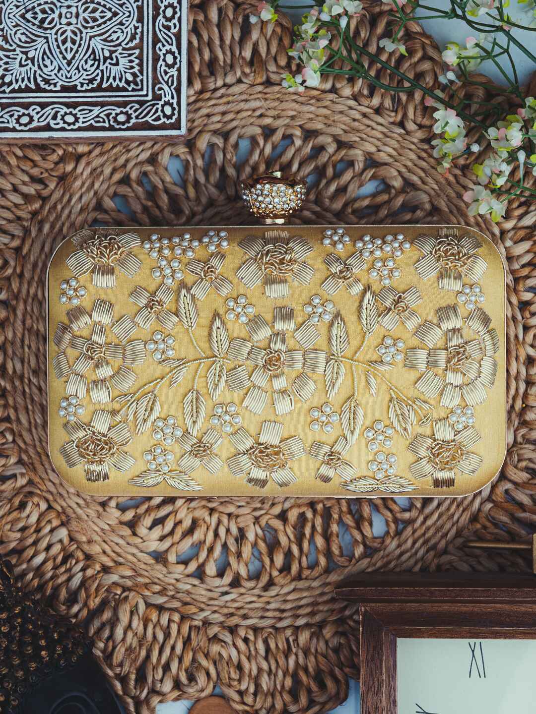 

NR By Nidhi Rathi Embroidered Box Clutch, Gold