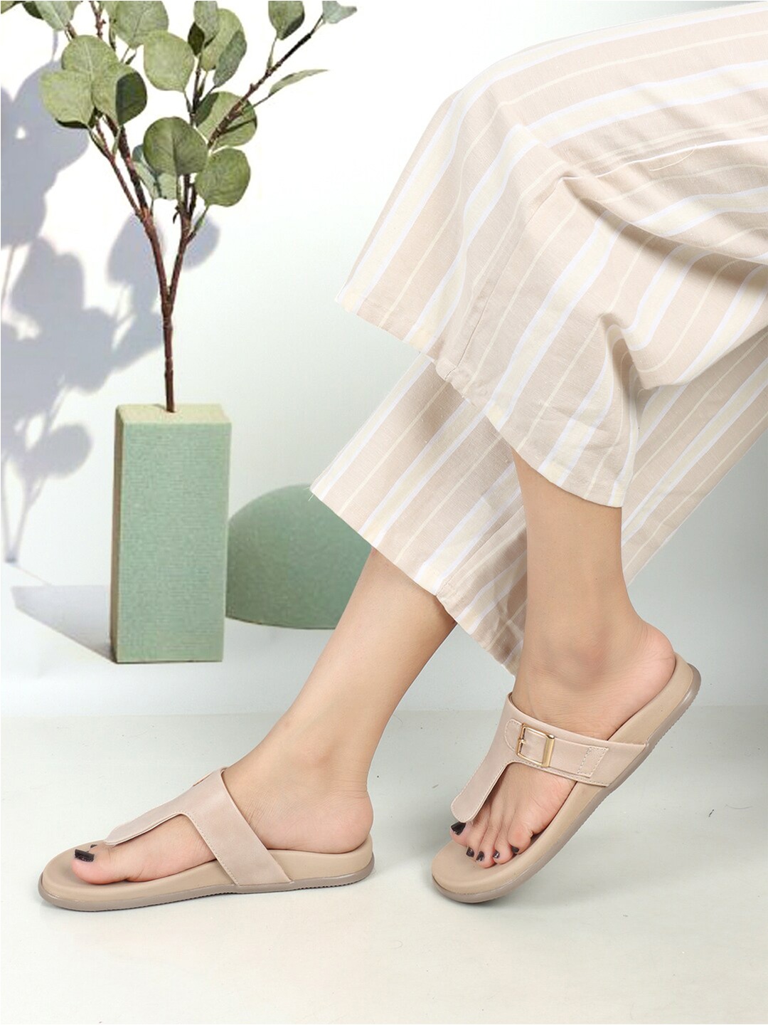 

Elle Open Toe T-Strap Flats With Buckle Detail, Beige