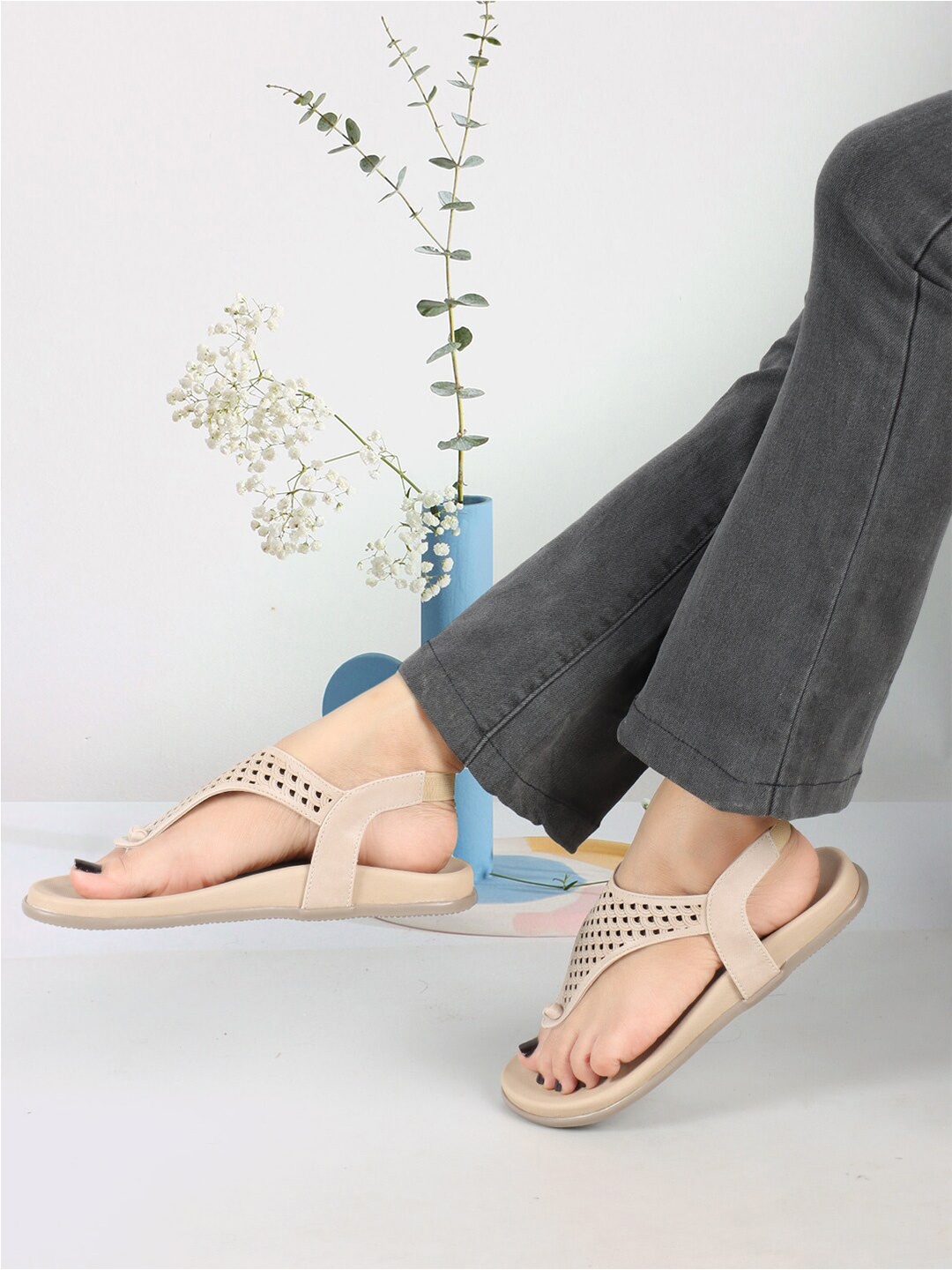 

Elle Textured T-Strap Flats With Backstrap & Laser Cuts, Beige