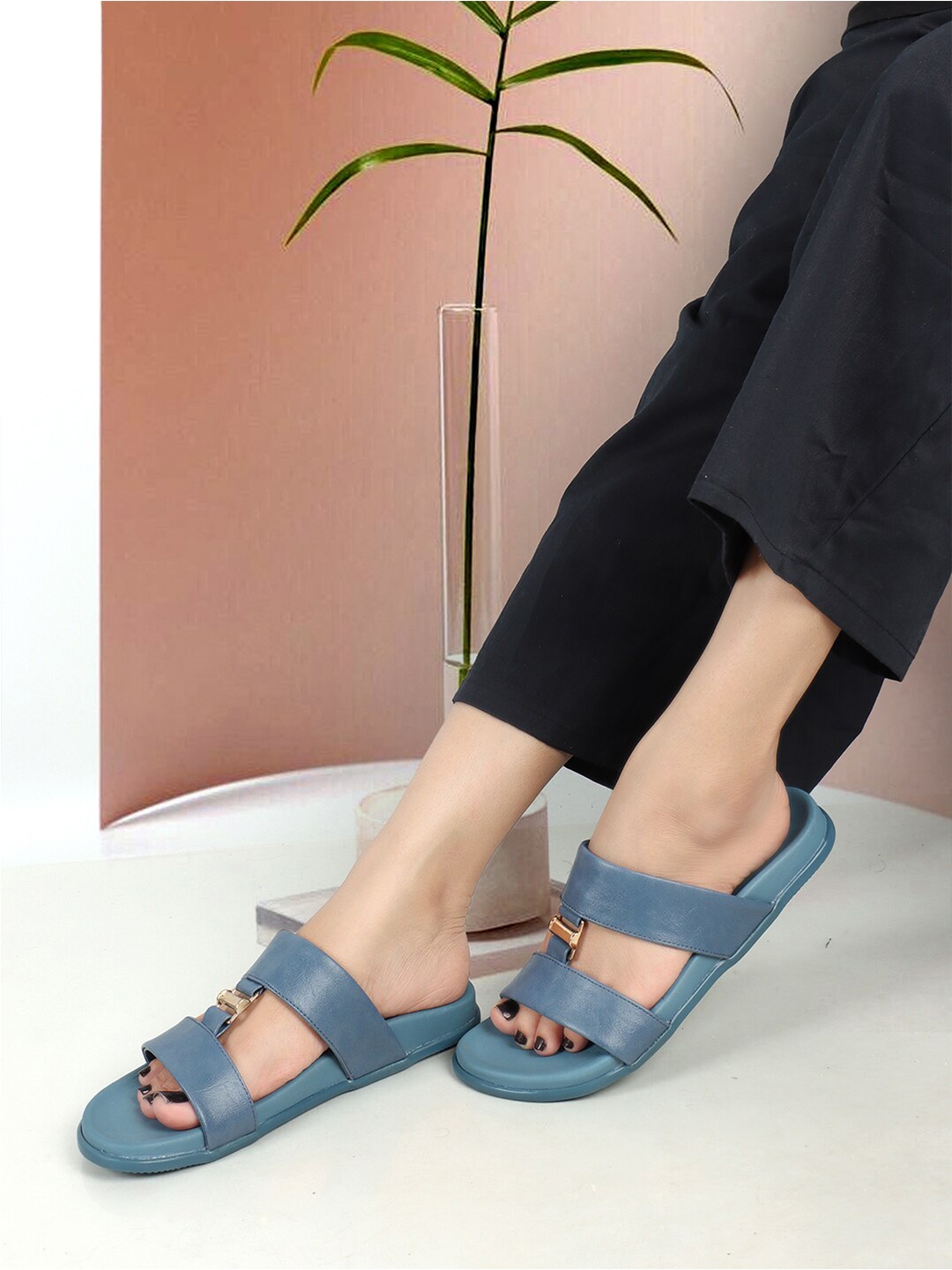 

Elle Open Toe Flats With Buckle Detail, Teal