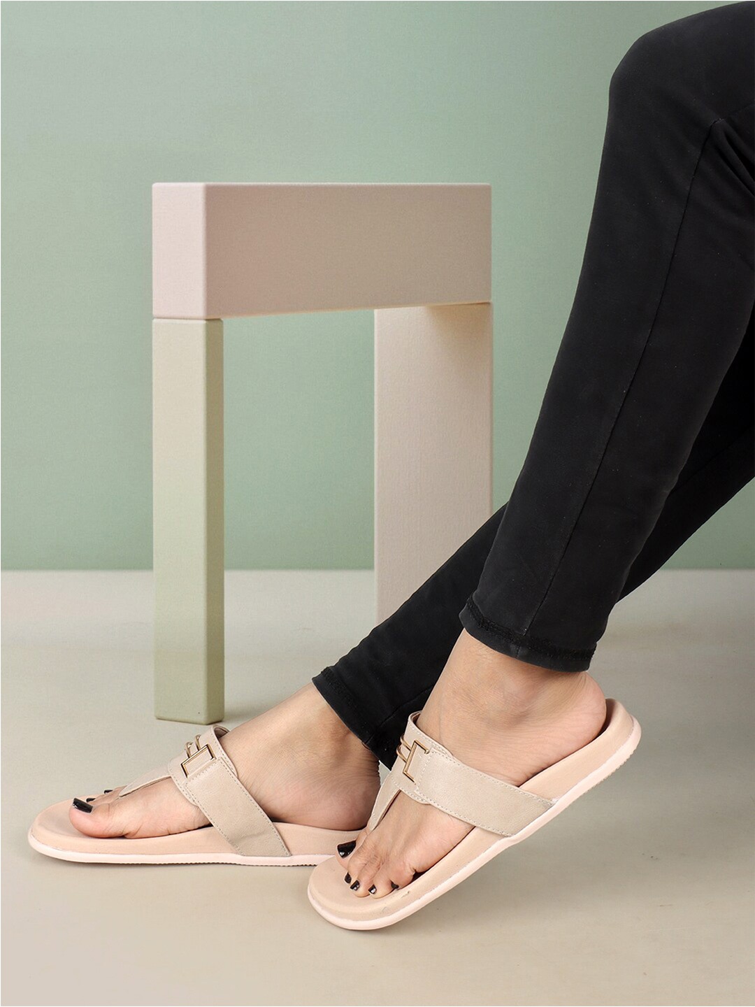 

ELLE Buckled T-Strap Flats, Beige