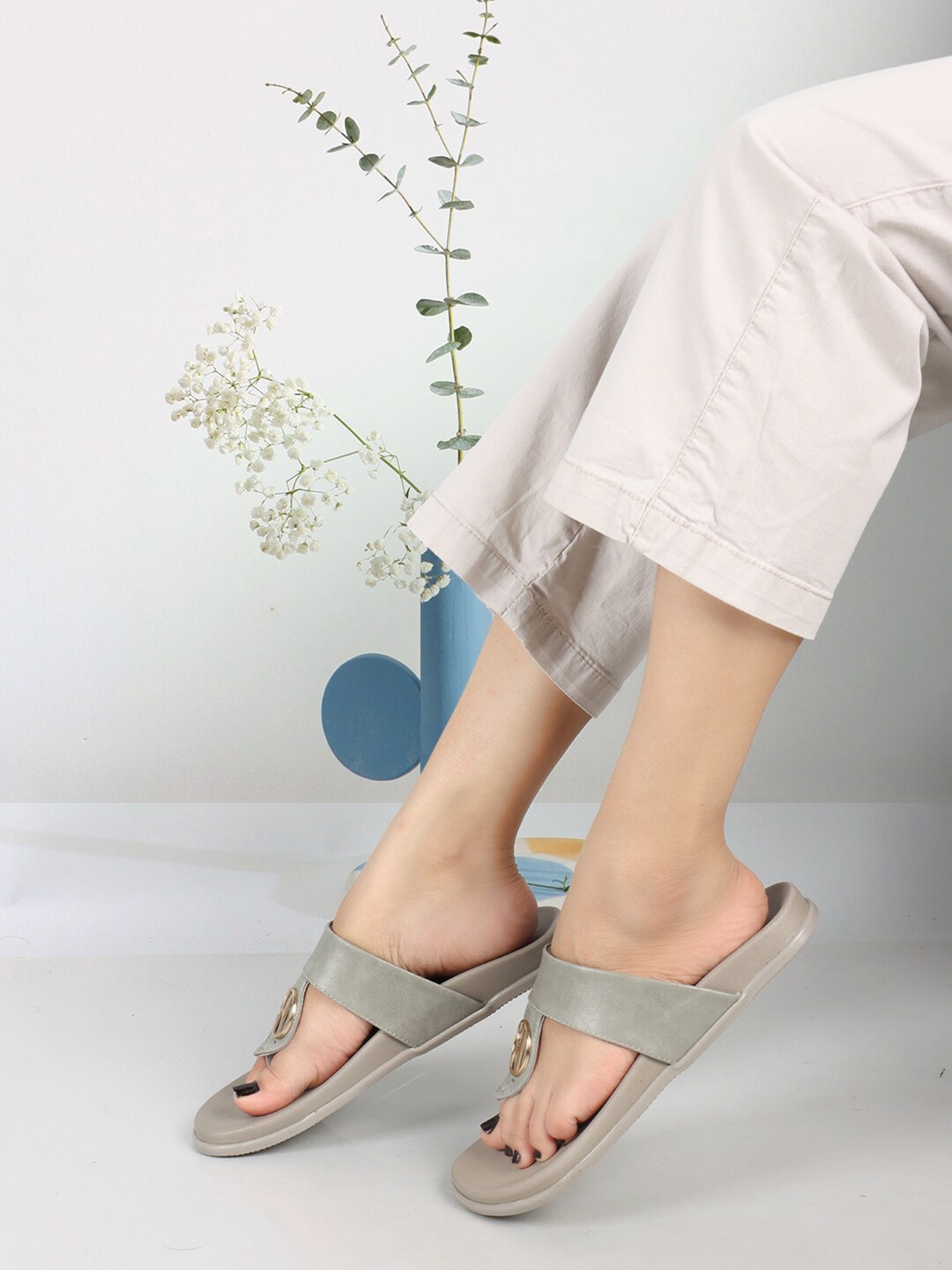

Elle Embellished T-Strap Flats, Grey