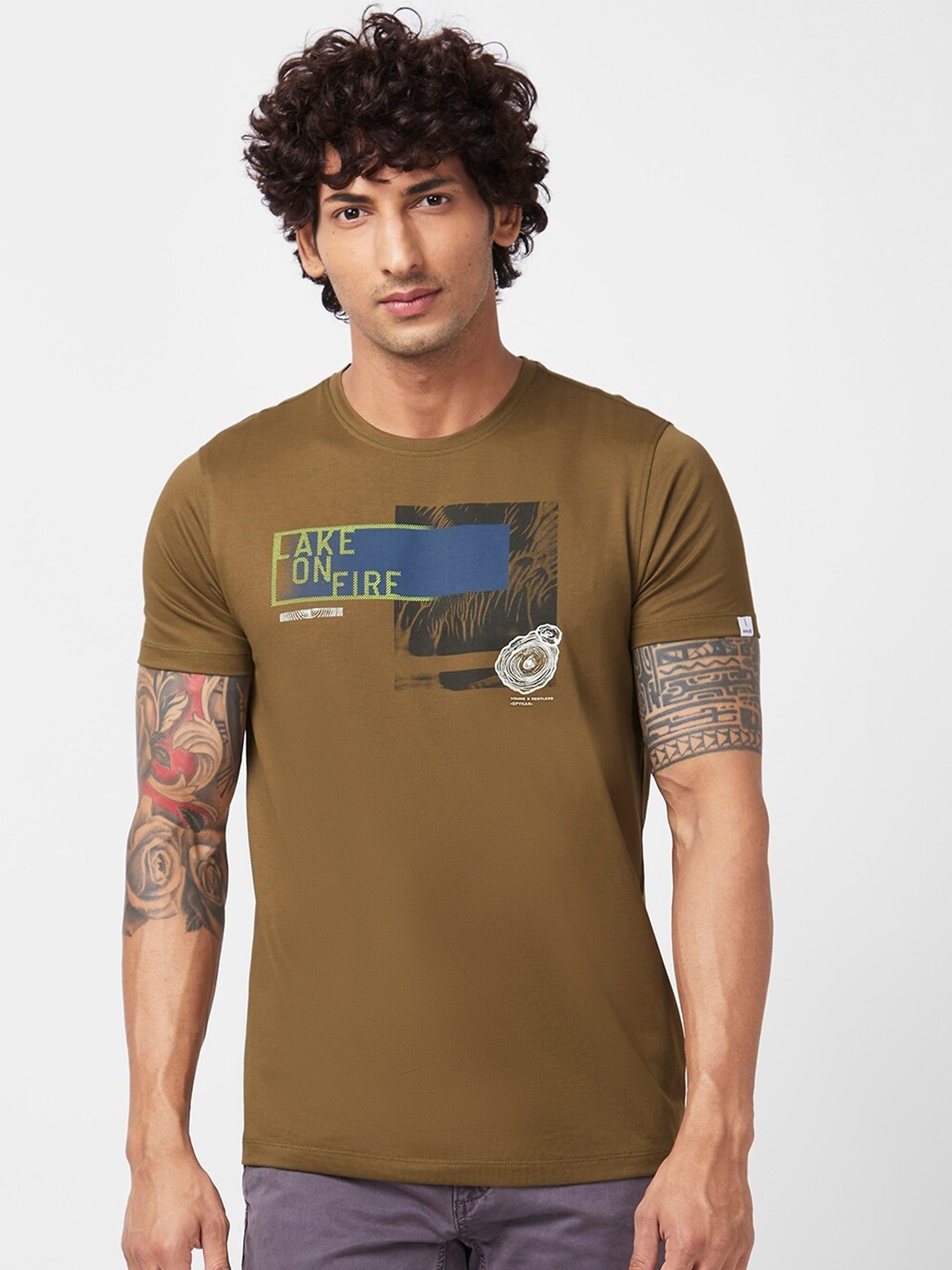 

SPYKAR Graphic Printed Slim Fit T-shirt, Brown
