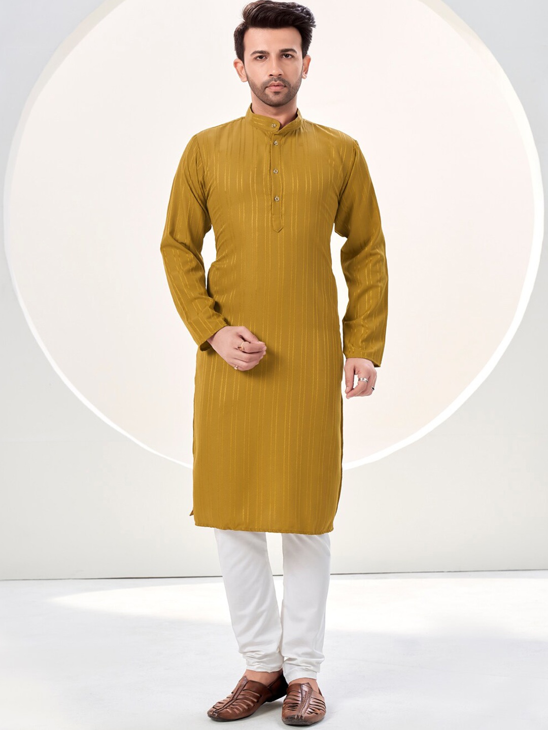 

SHOPGARB Woven Design Band Collar Cotton Straight Kurta, Mustard