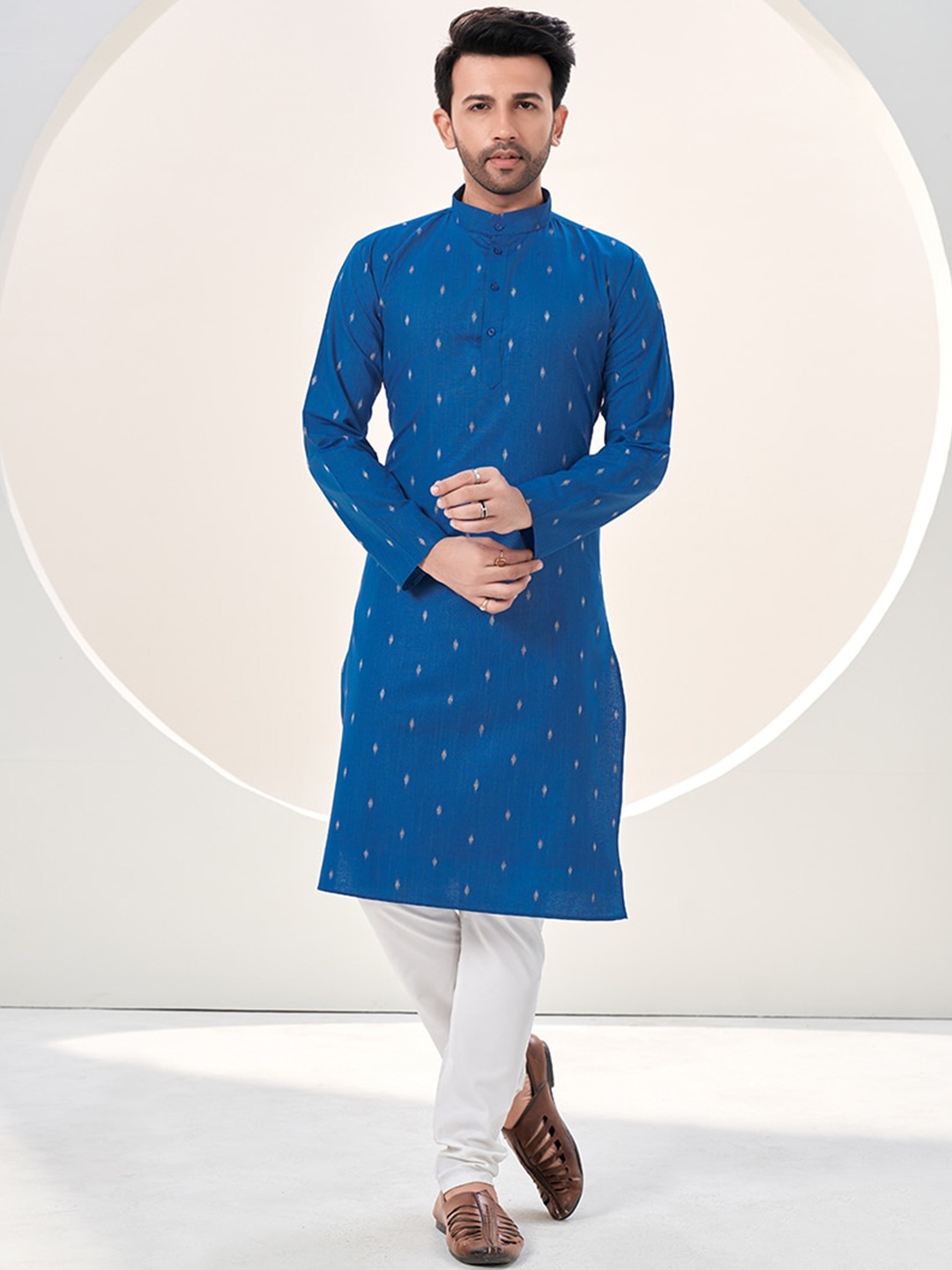 

SHOPGARB Woven Design Mandarin Collar Long Sleeve Kurta, Blue